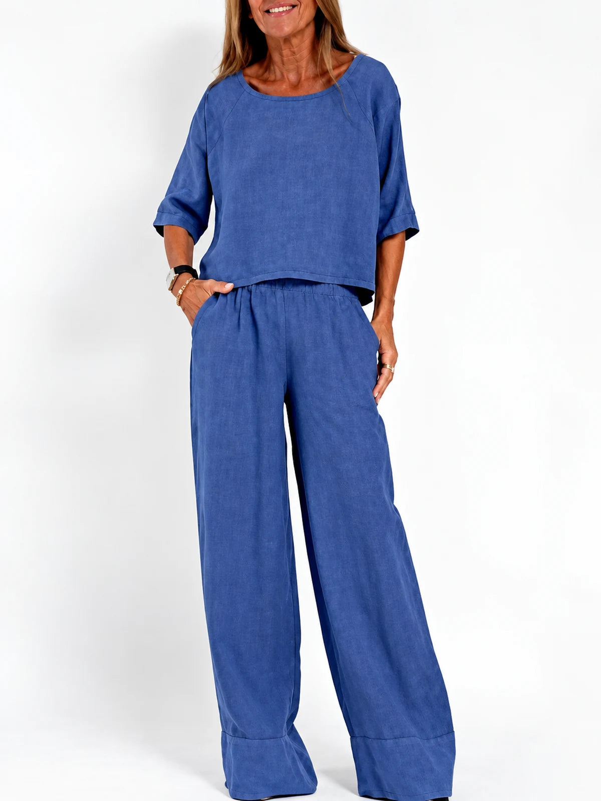 Women's Cotton Linen Two Piece Set with Top and Pants in Red - product view