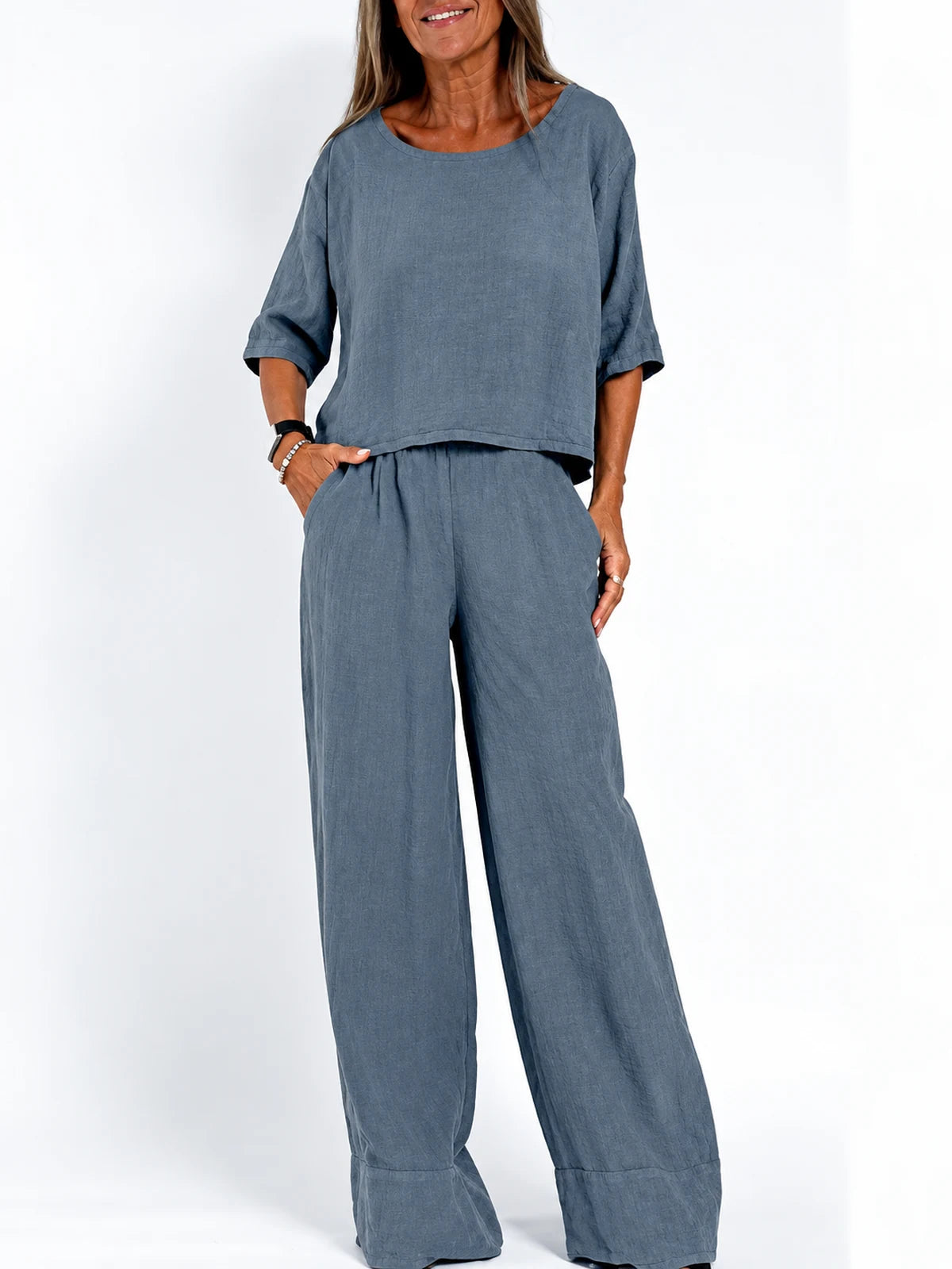 Women's Cotton Linen Two Piece Set with Top and Pants in Yellow - product view