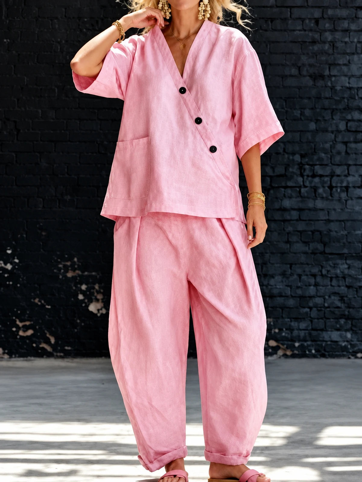 Women's Top and Wide-Leg Pants Two-Piece Set in Pink - product view
