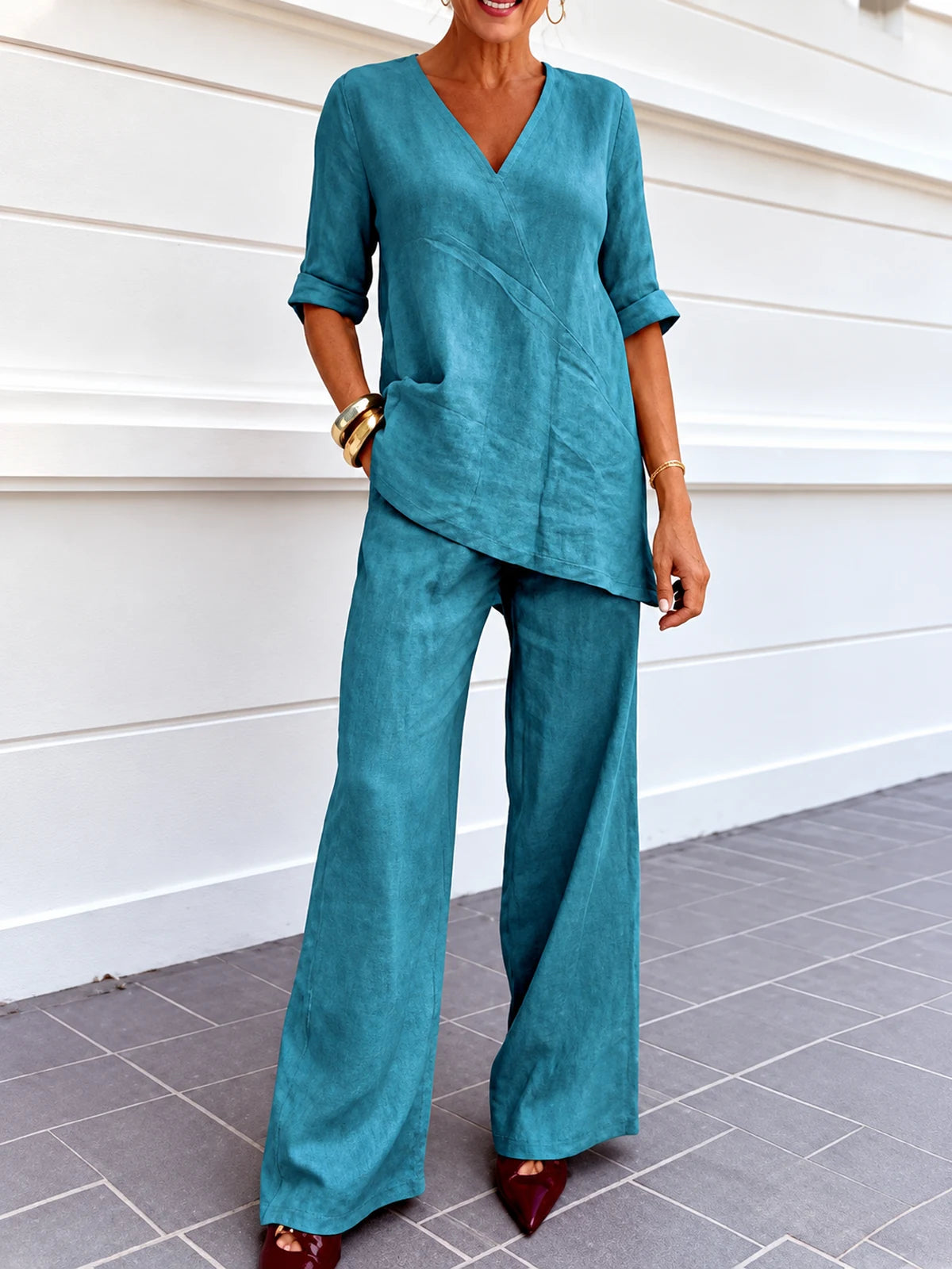 Women's Cotton Linen Two Piece Outfit Set in White - product view