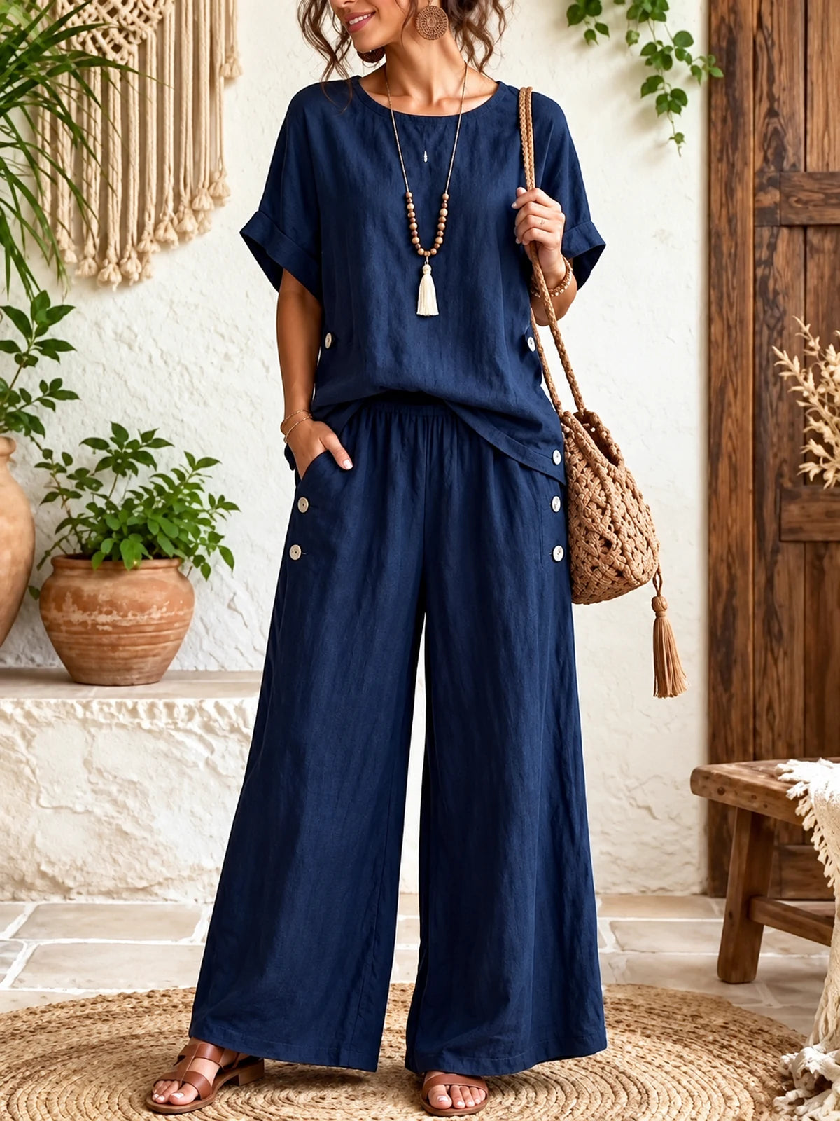 Women's Cotton Linen Two Piece Set with Top and Wide Leg Pants in Navy - product view