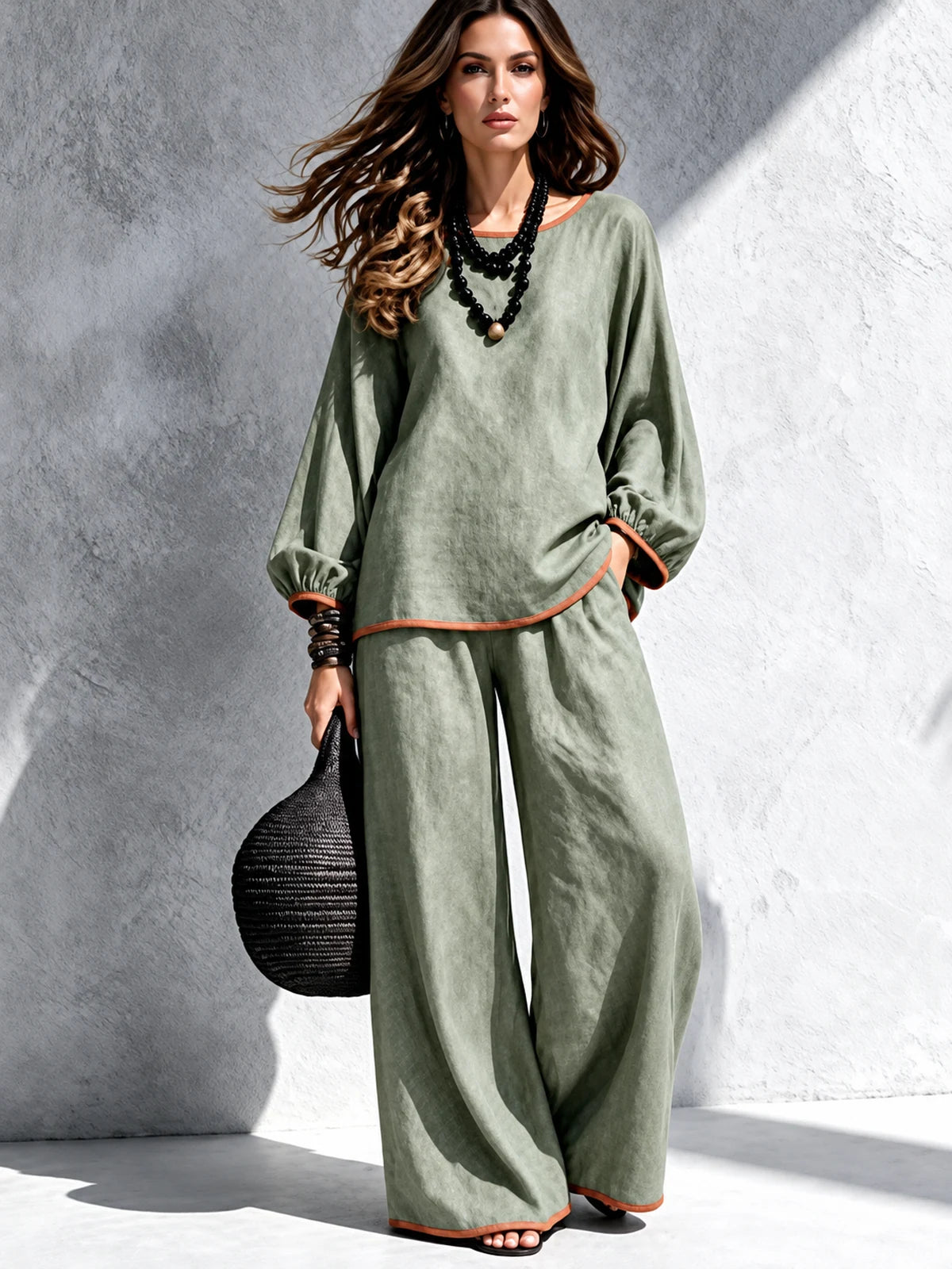 Women's Cotton Linen Two Piece Set with Top and Wide Leg Pants in Green - product view