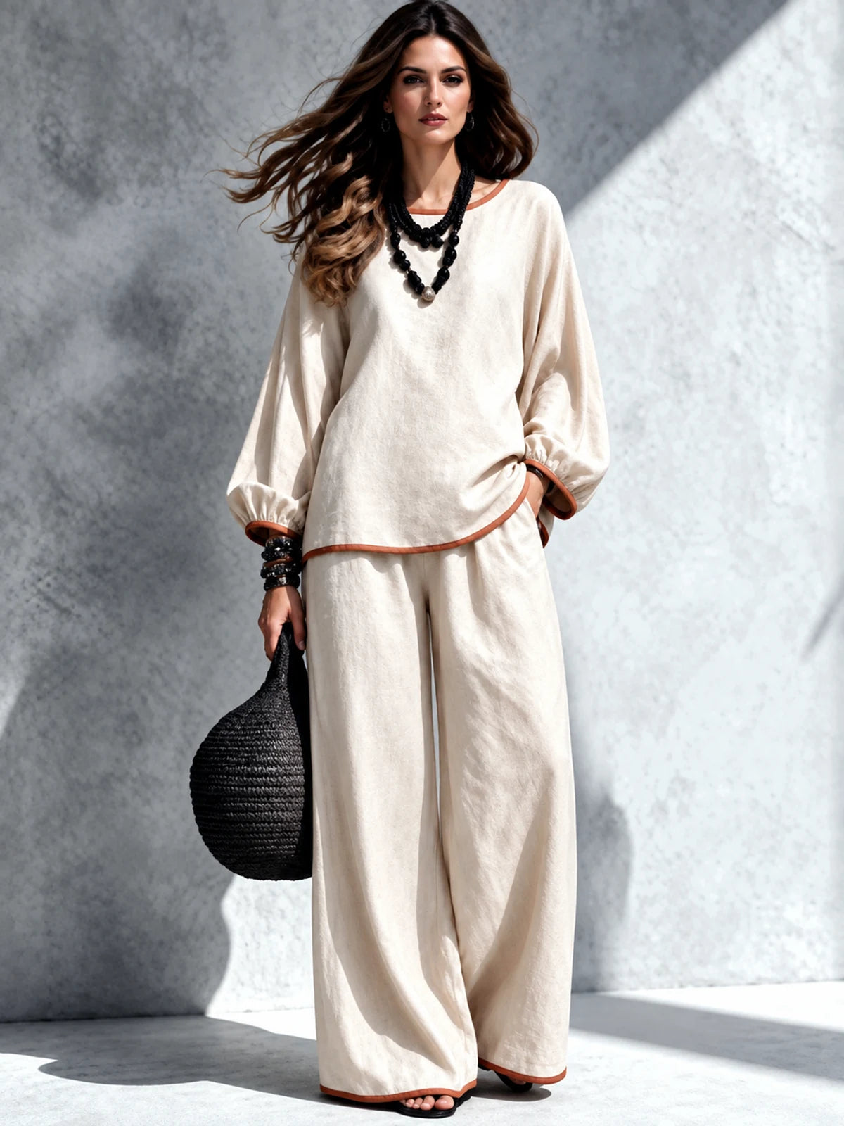 Women's Cotton Linen Two Piece Set with Top and Wide Leg Pants in Gray - product view