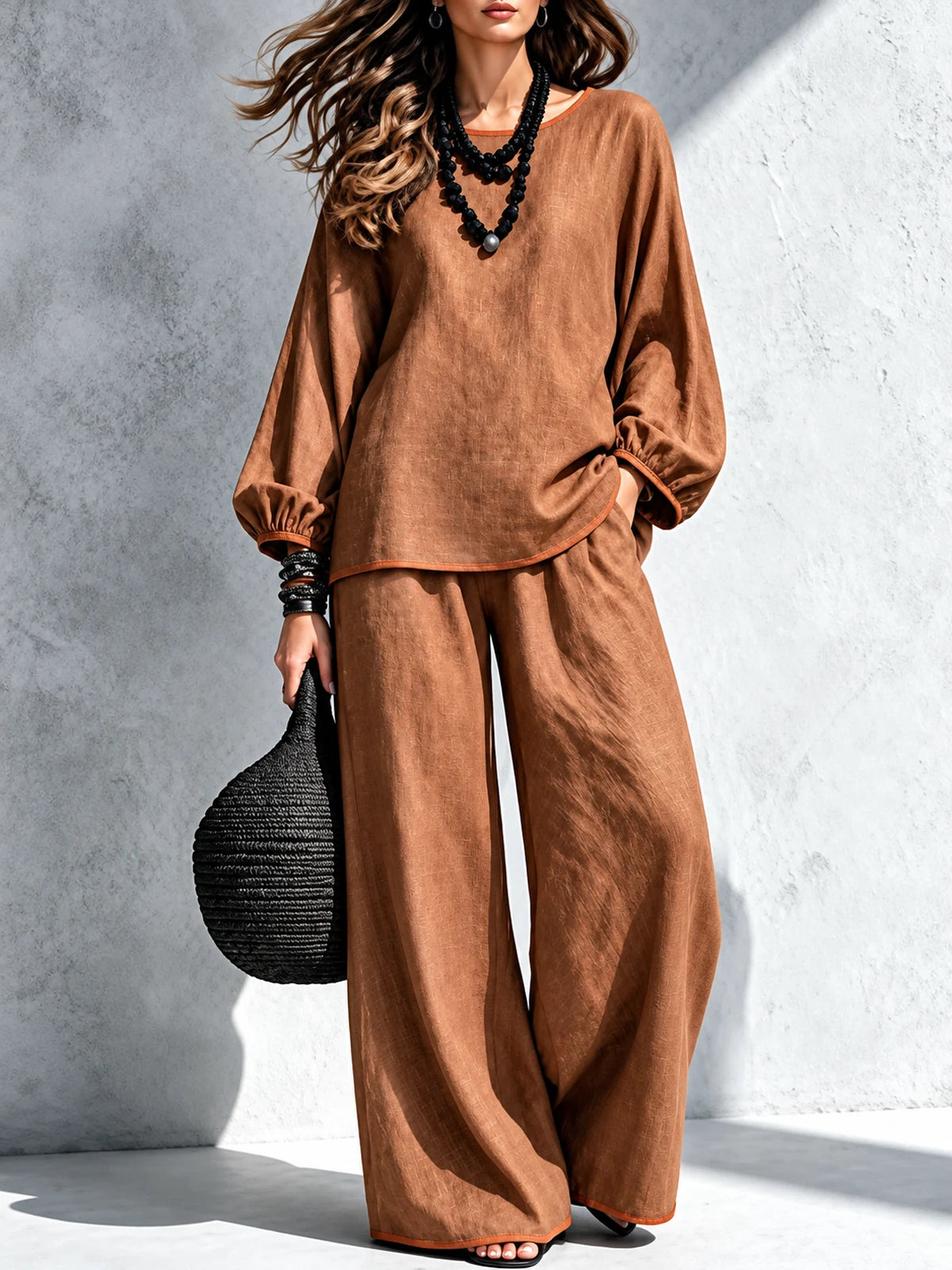 Women's Cotton Linen Two Piece Set with Top and Wide Leg Pants in Camel - product view