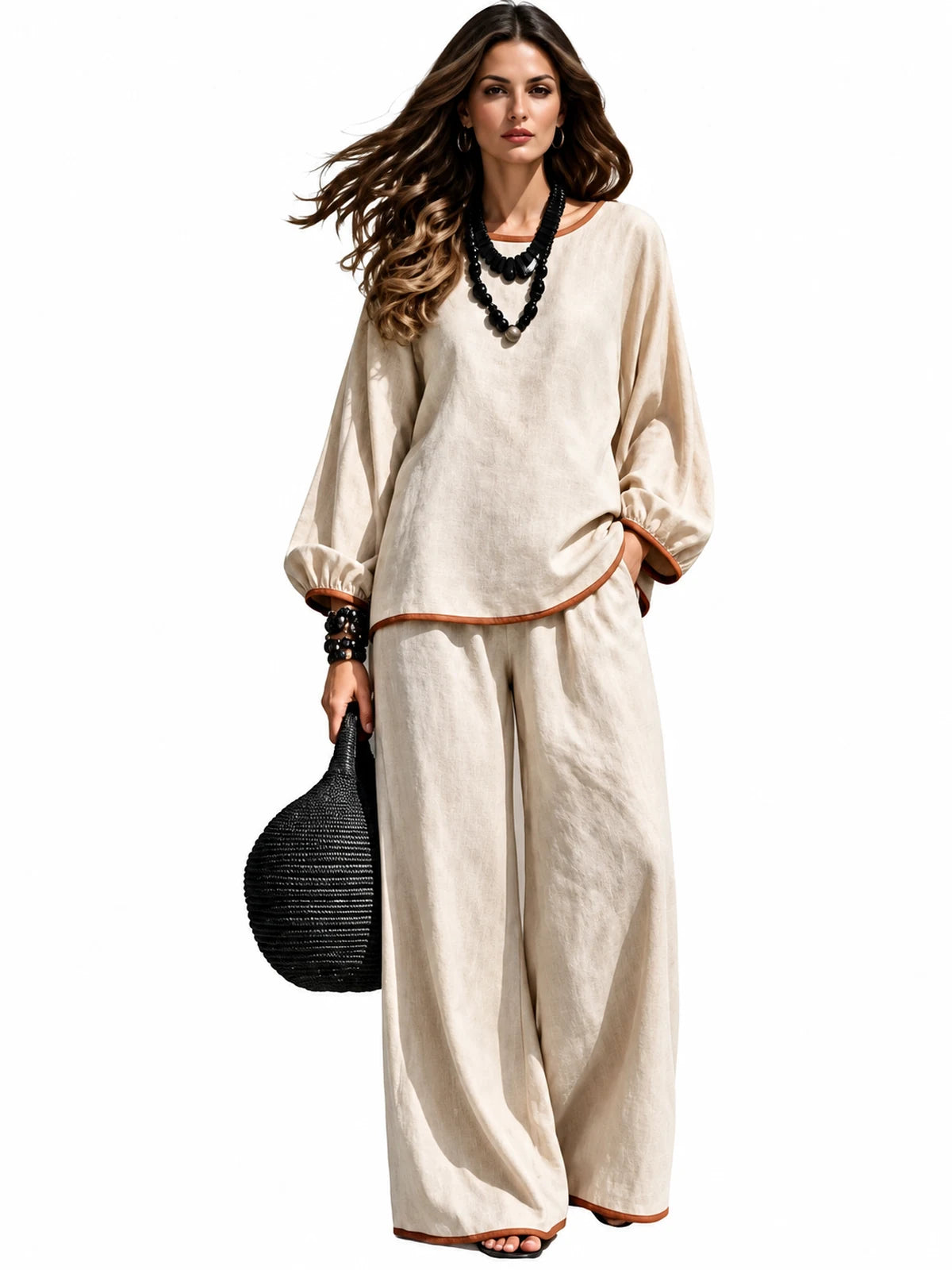 Women's Cotton Linen Two Piece Set with Top and Wide Leg Pants - product detail view 1