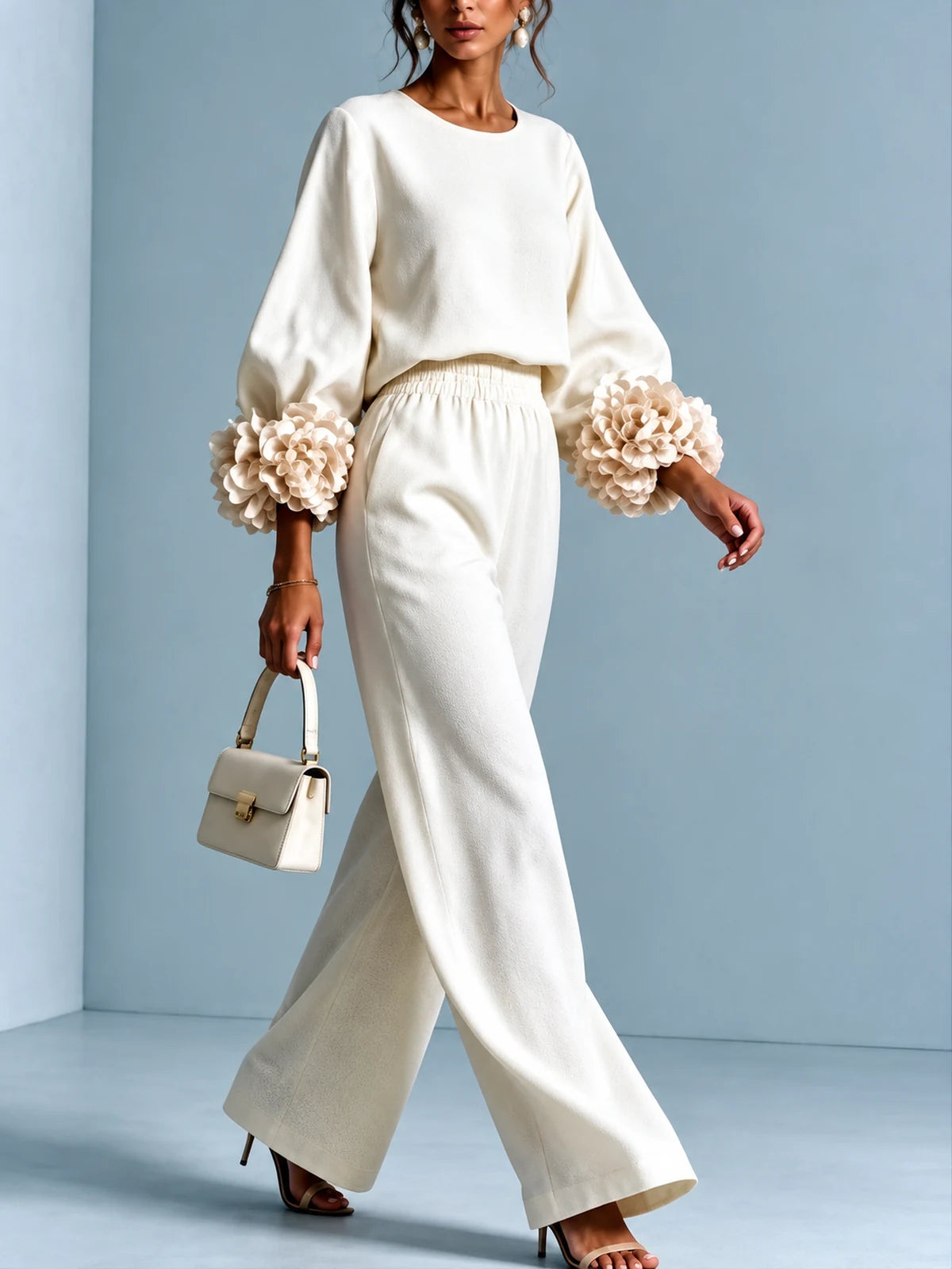 Floral-Cuff Top & Wide-Leg Pants Set in White - product view