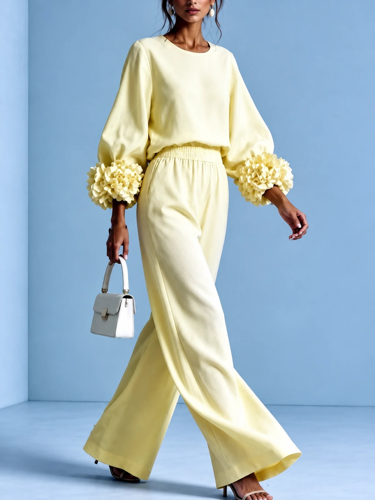 Floral-Cuff Top & Wide-Leg Pants Set in Yellow - product view