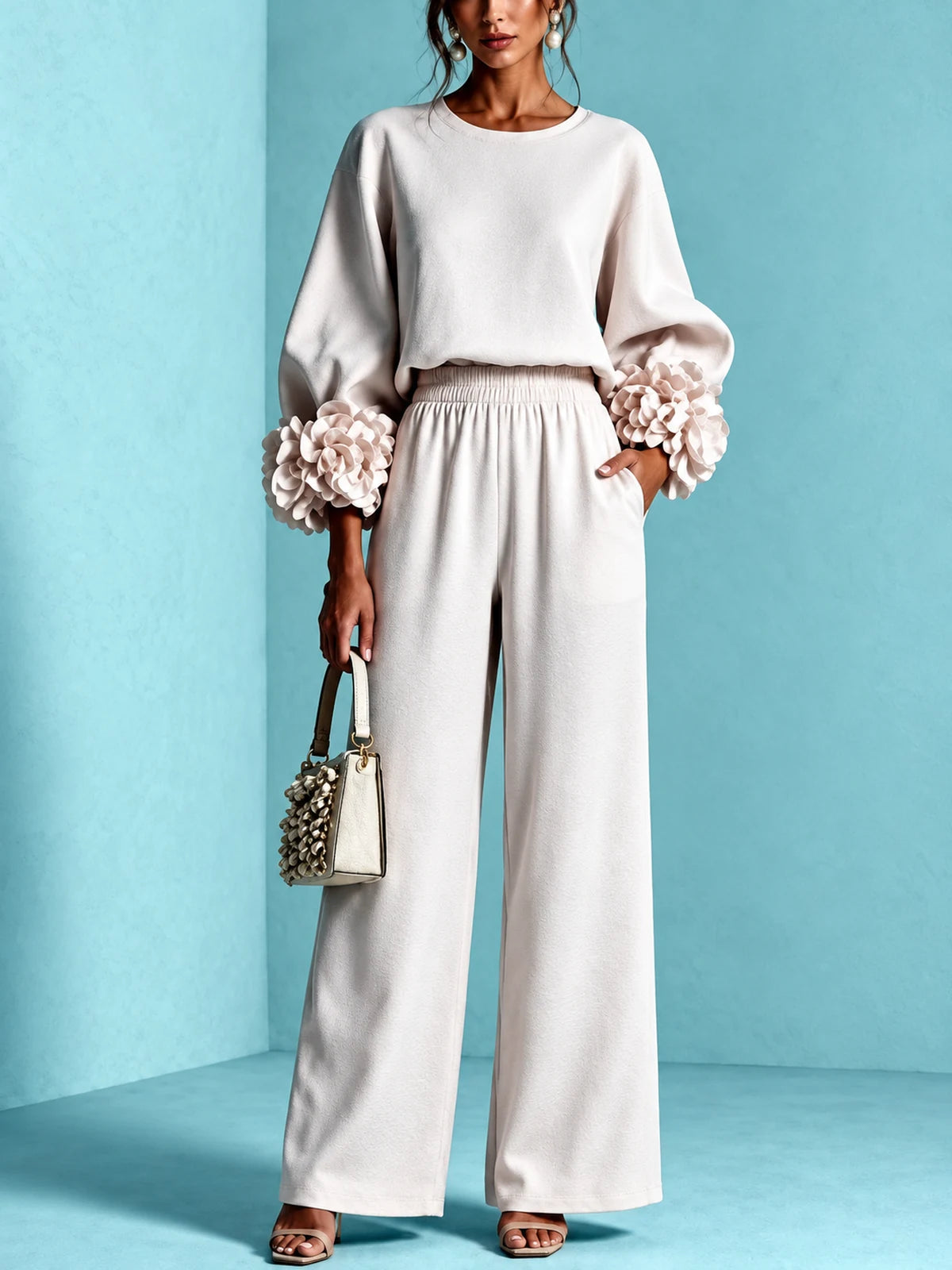 Floral-Cuff Top & Wide-Leg Pants Set in Pink - product view
