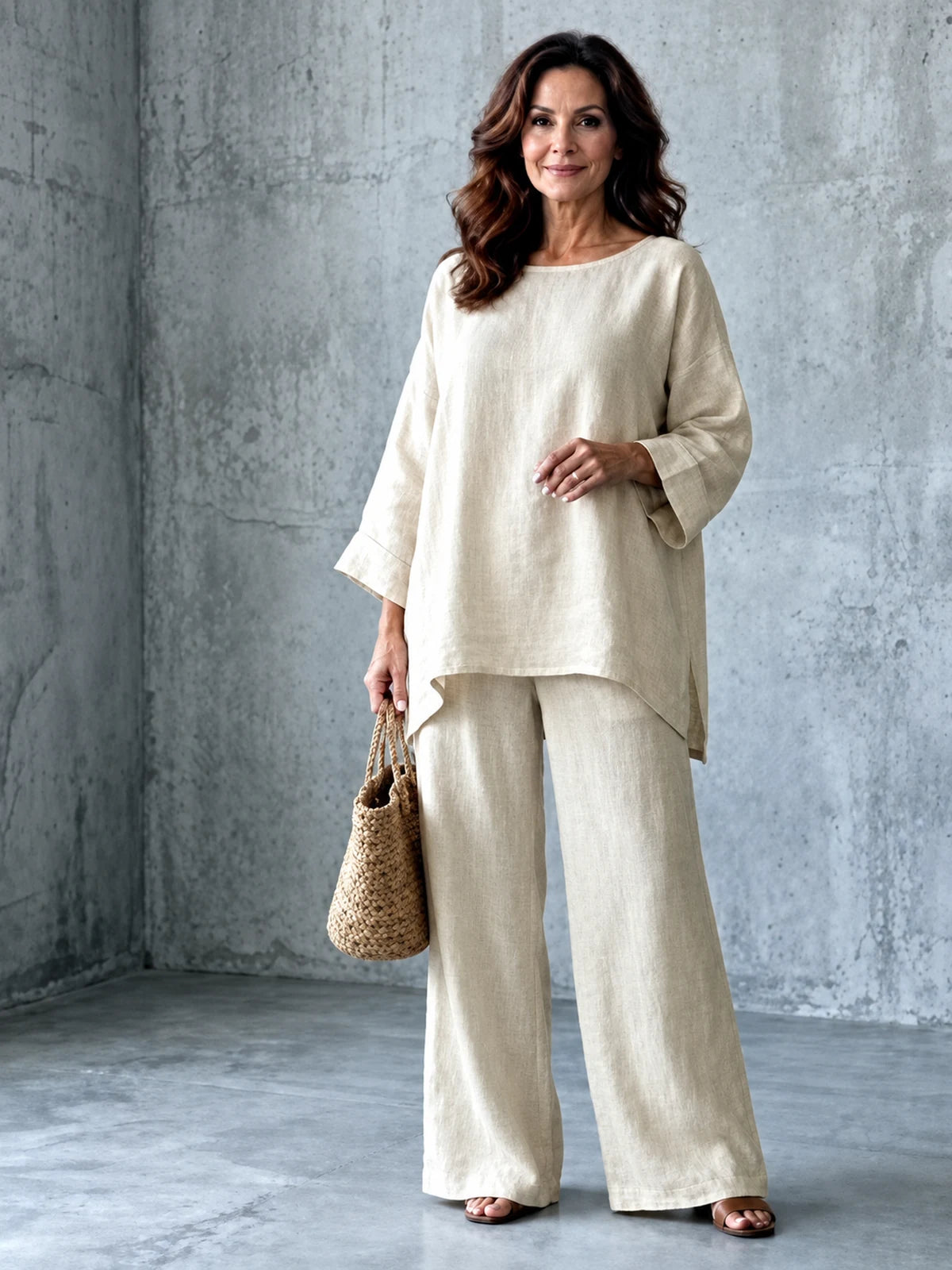 Women's Cotton Linen Two Piece Set with Shirt and Wide Leg Pants in Apricot - product view