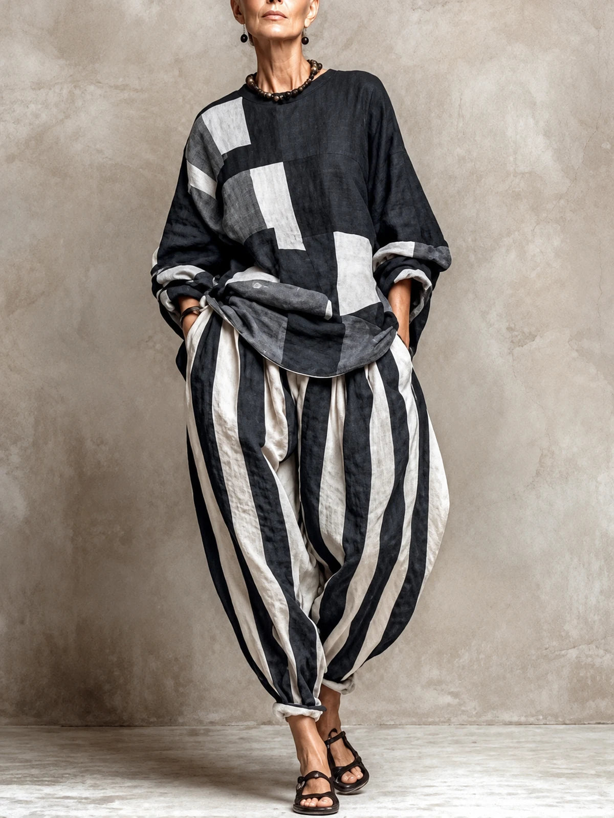 Women's Cotton Linen Two Piece Set with Top and Pants in Black - product view