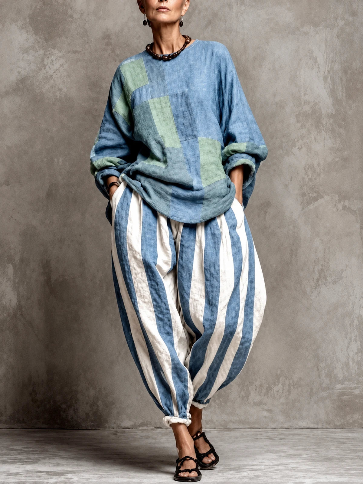 Women's Cotton Linen Two Piece Set with Top and Pants in Sky Blue - product view