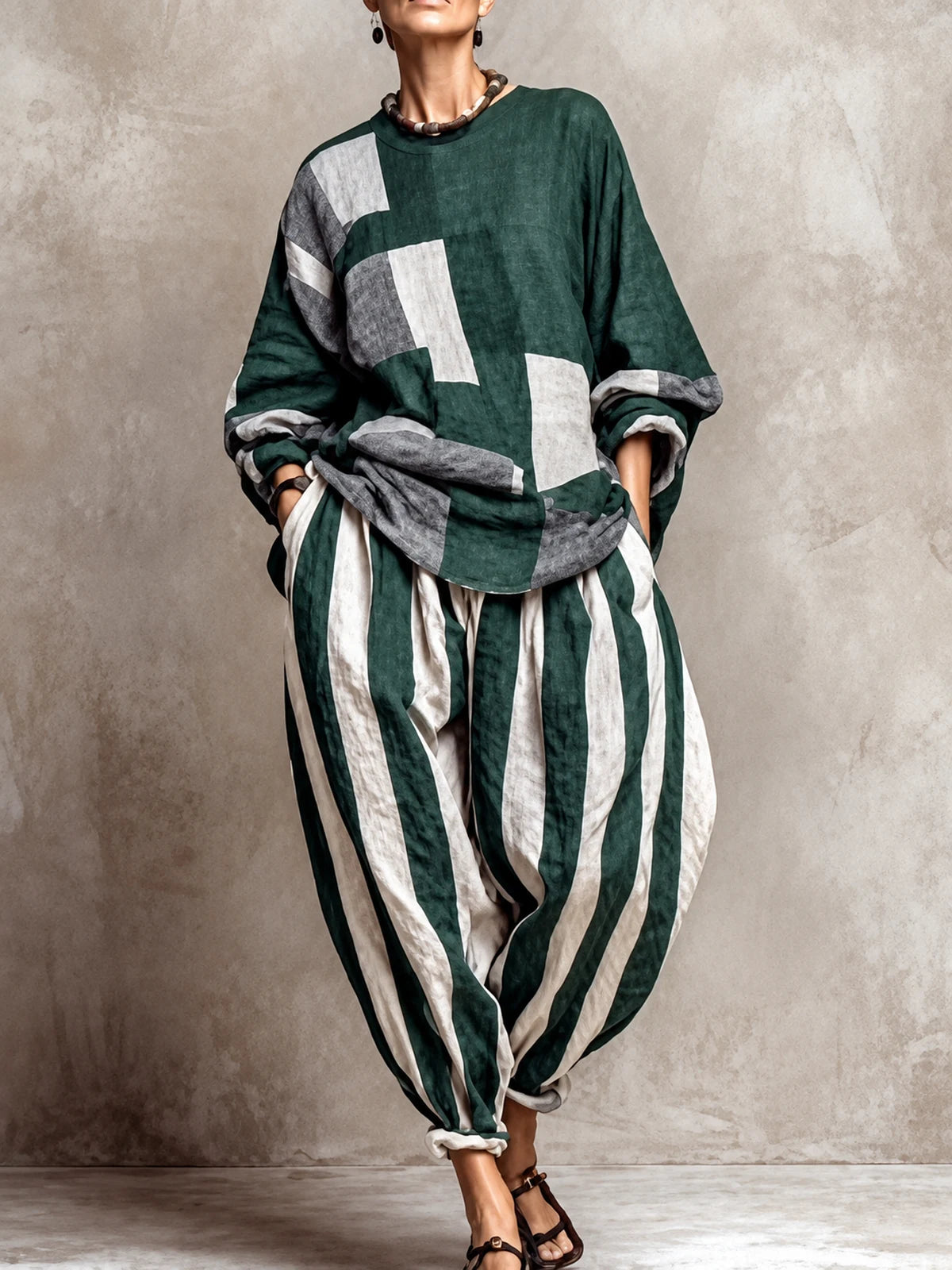 Women's Cotton Linen Two Piece Set with Top and Pants in Forest Green - product view