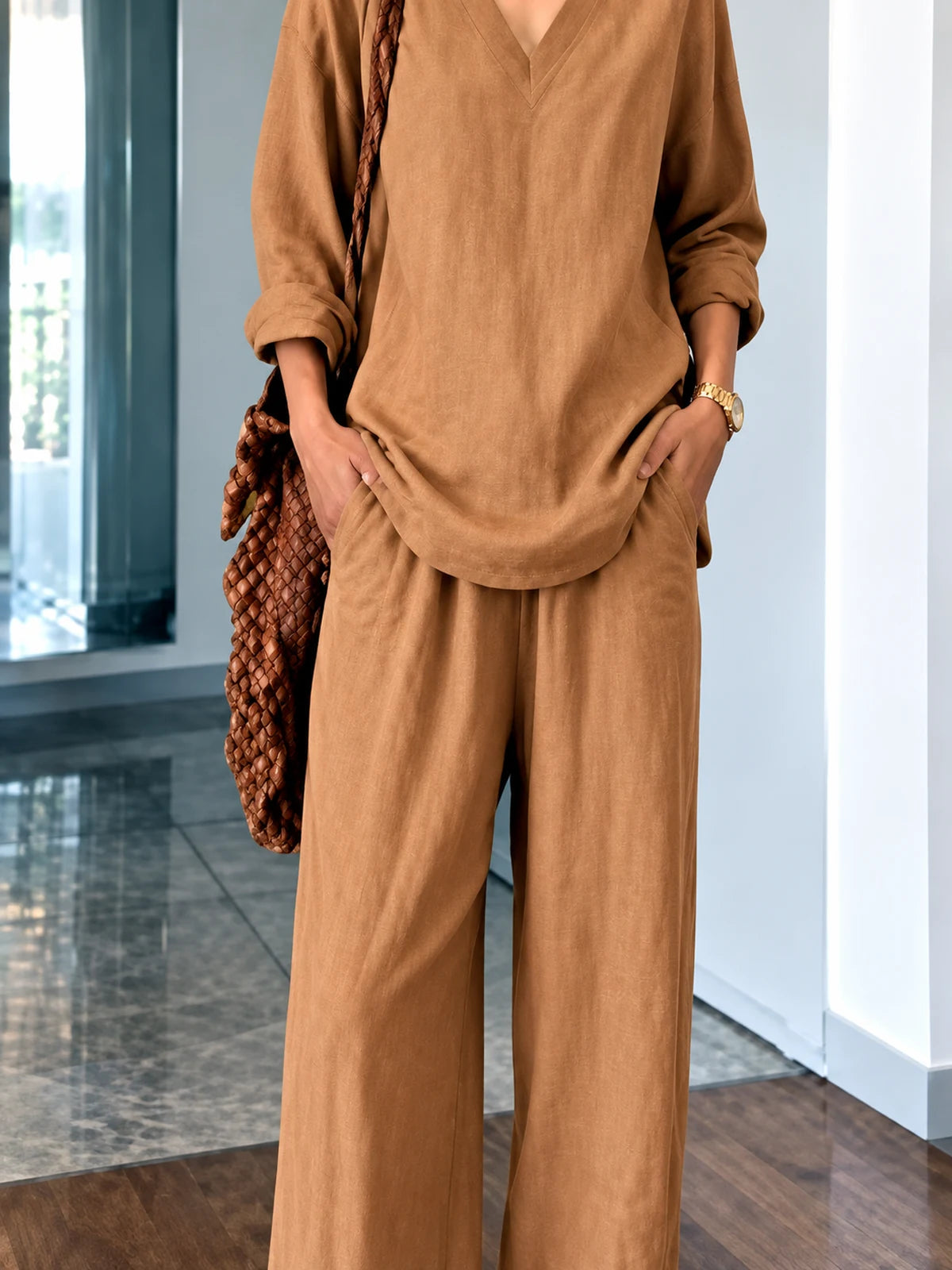 Women's Elastic Waist Wide Leg Pants Loose Casual Trousers in Coffee Brown - product view