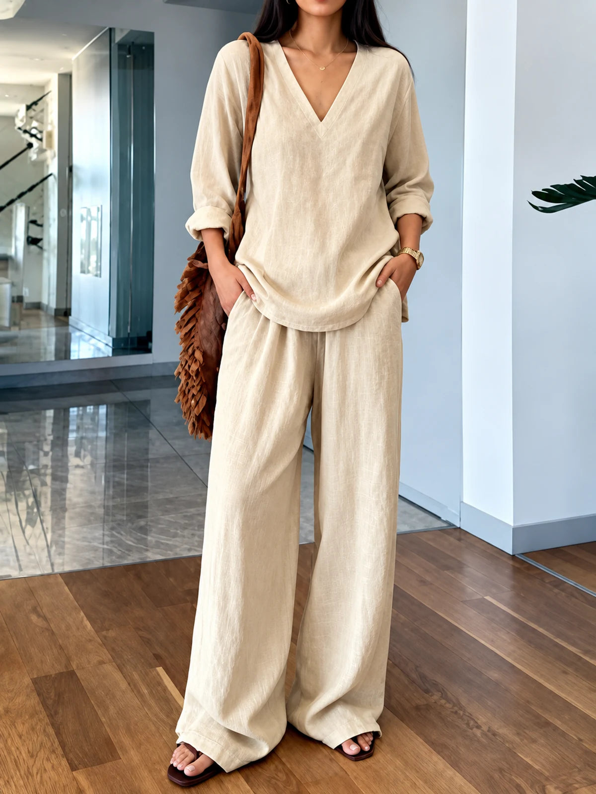 Women's Elastic Waist Wide Leg Pants Loose Casual Trousers in Beige - product view