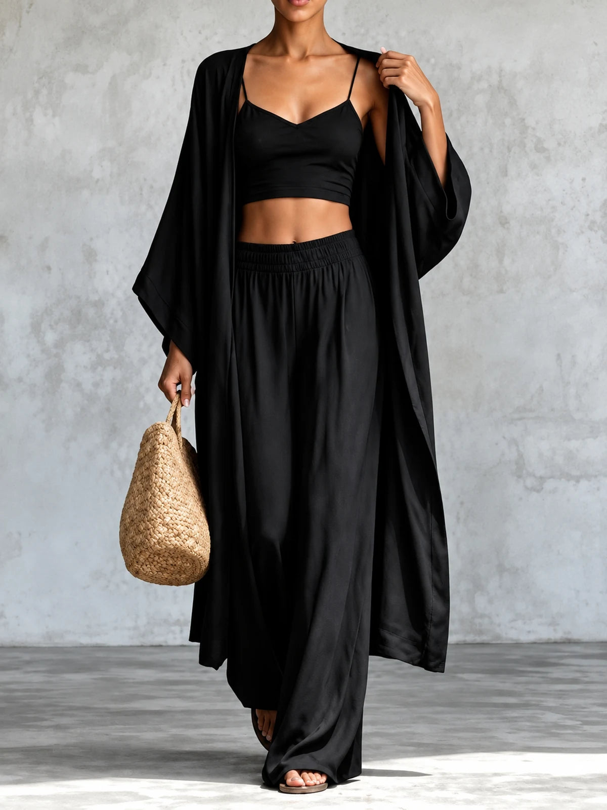 Women's Cotton Linen Two Piece Set with Top and Wide Leg Pants in Black - product view