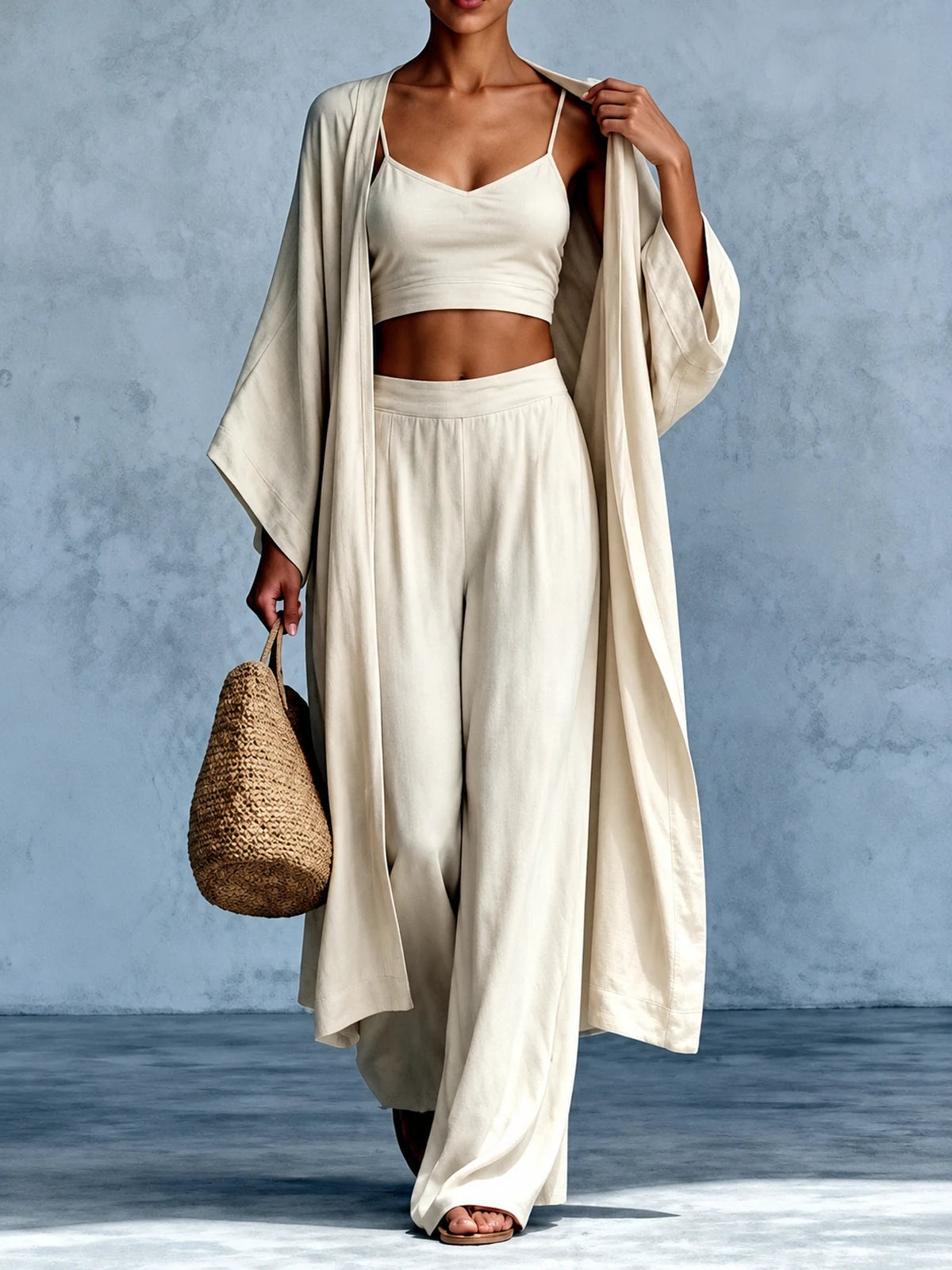 Women's Cotton Linen Two Piece Set with Top and Wide Leg Pants in Apricot - product view
