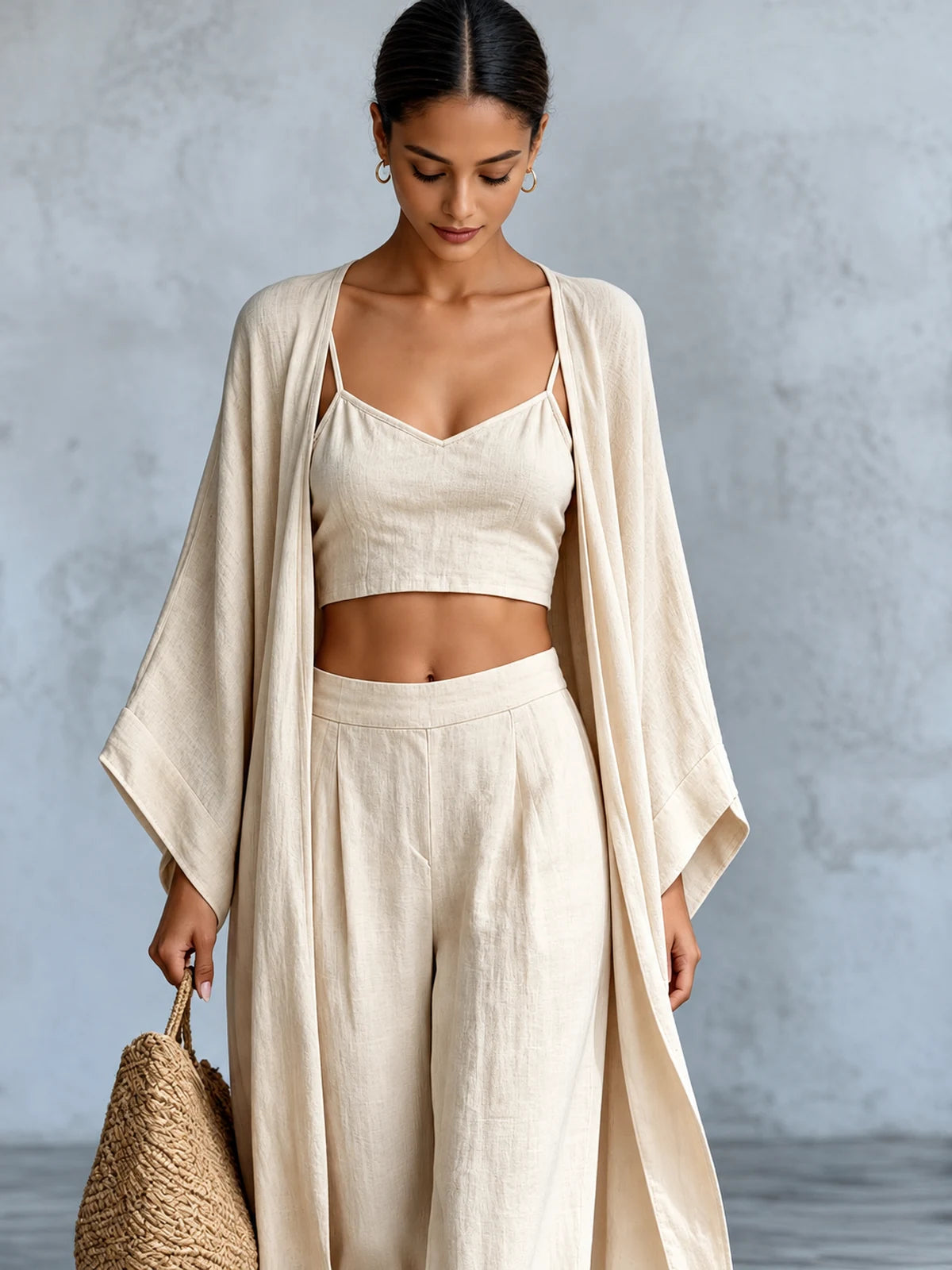 Women's Cotton Linen Two Piece Set with Top and Wide Leg Pants - product detail view 2