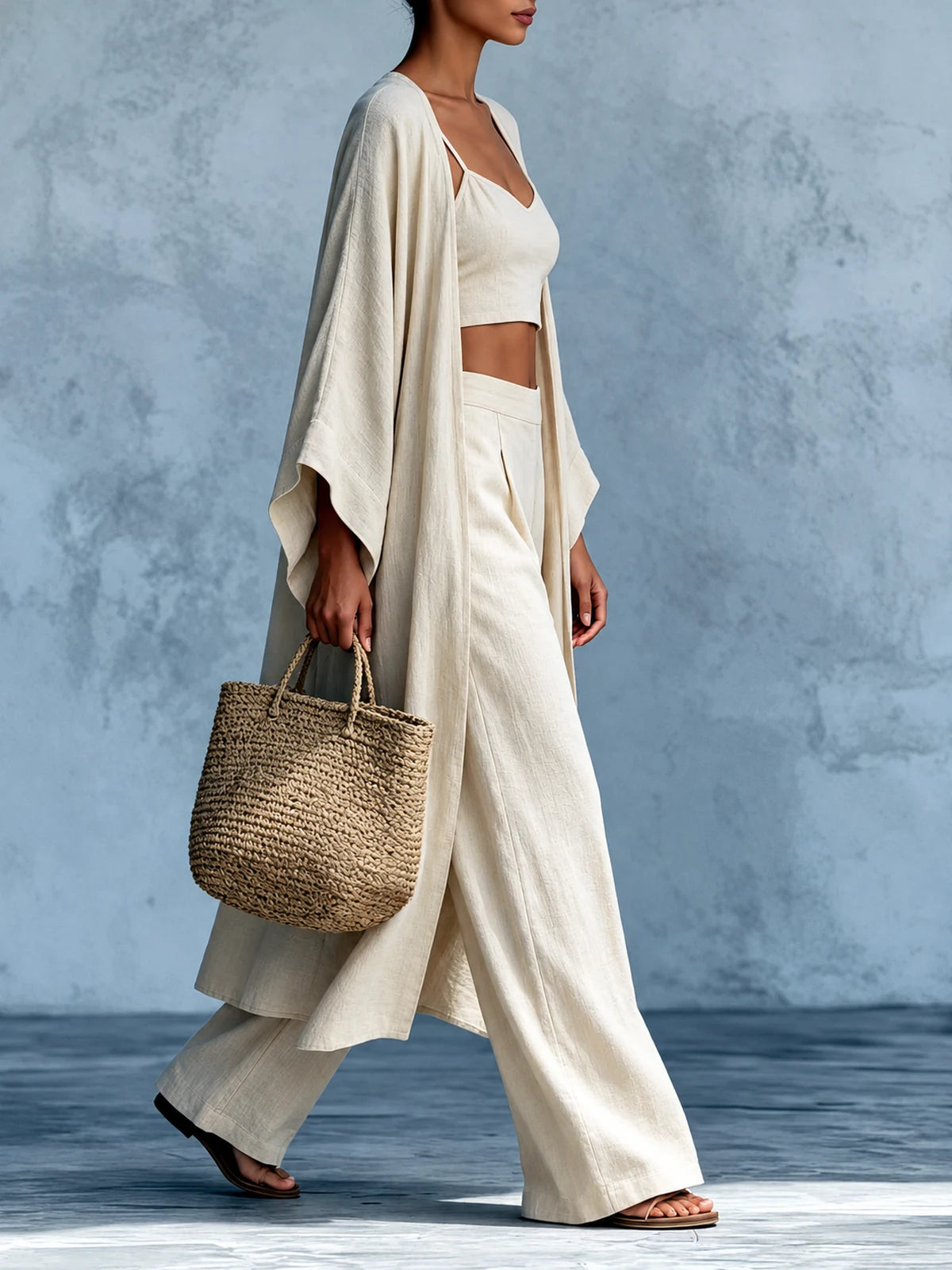 Women's Cotton Linen Two Piece Set with Top and Wide Leg Pants - product detail view 3