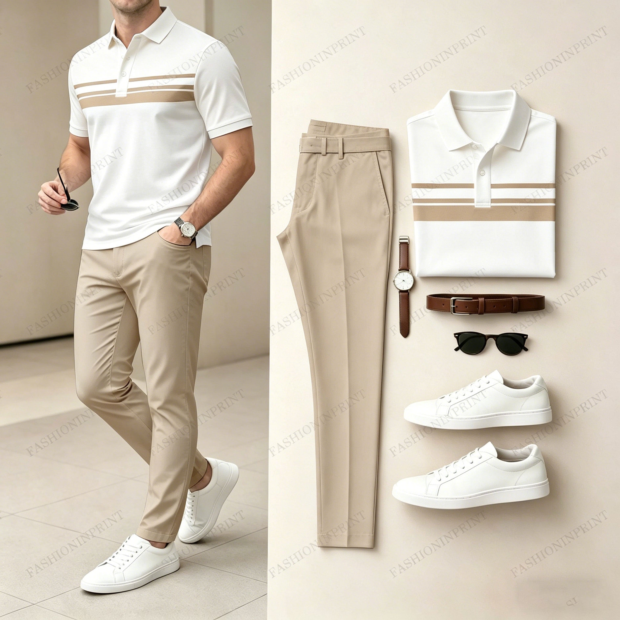 Men's Casual White Geometry Printed Polo Shirt And Pants Two-Piece Set