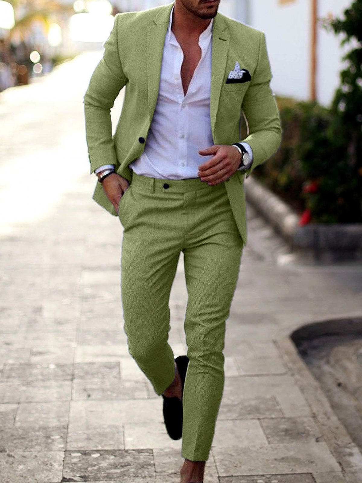 Men's Lightweight Business Blazer and Pants Set Casual Suit Outfit in Light Green - product view
