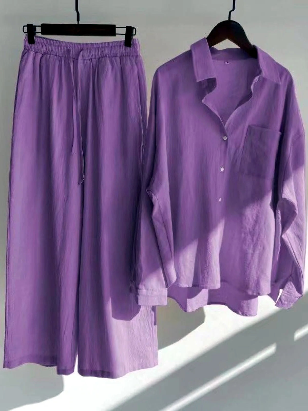 Women's Cotton Linen Button-Up Shirt & Wide-Leg Pants Set in Purple - product view