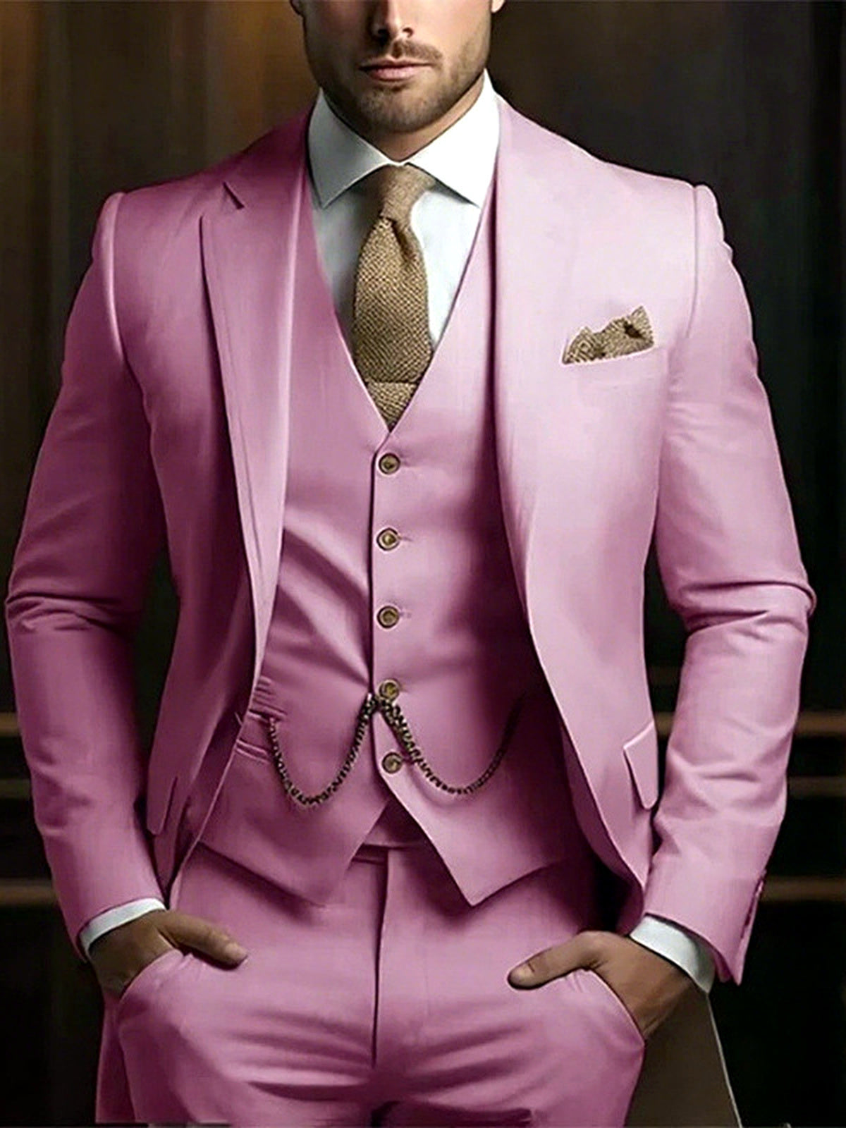 Men's Jacquard Blazer Suit Jacket One Button Party Banquet Formal Outfit in Pink - product view