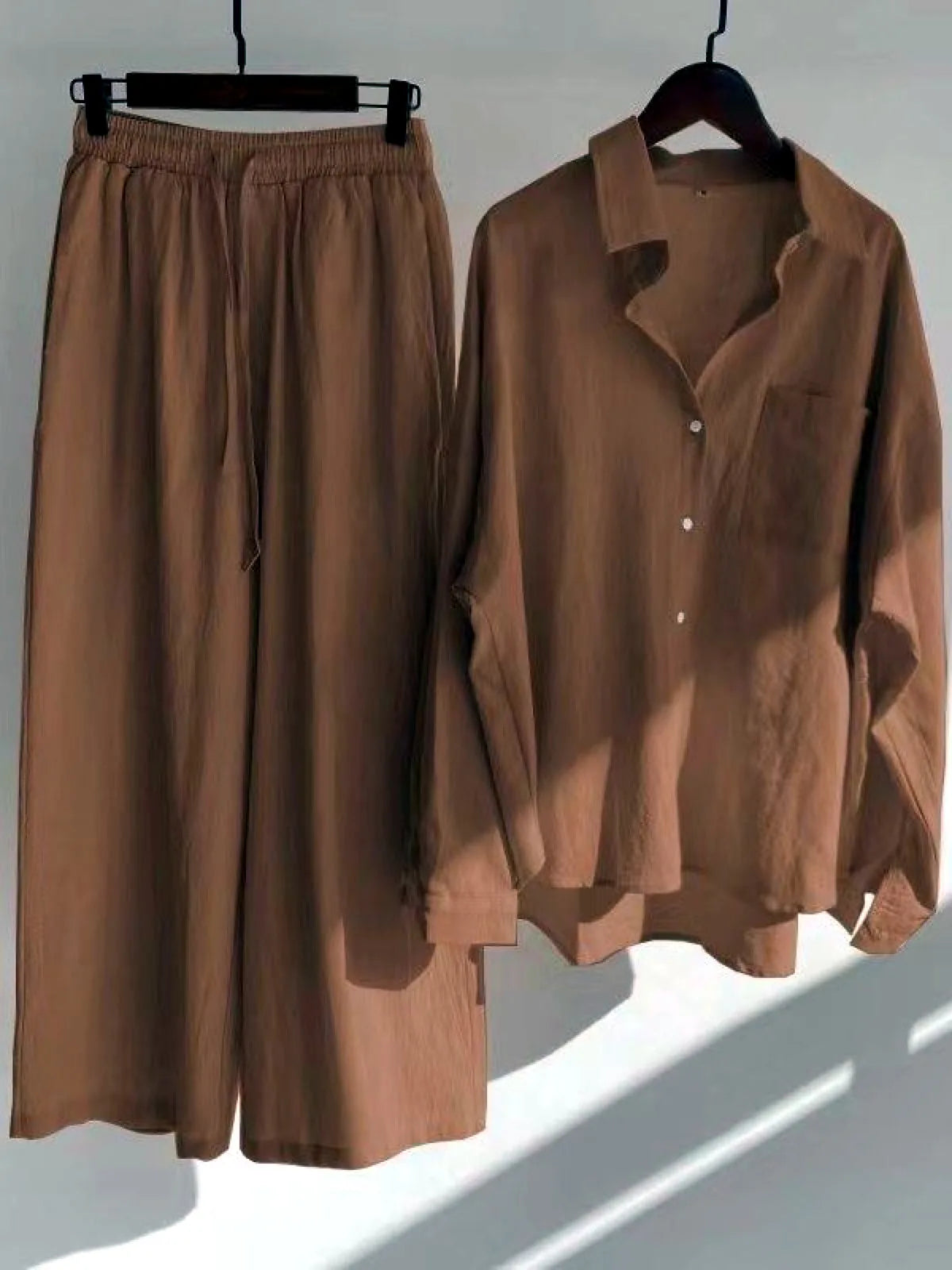Women's Cotton Linen Button-Up Shirt & Wide-Leg Pants Set in Brown - product view