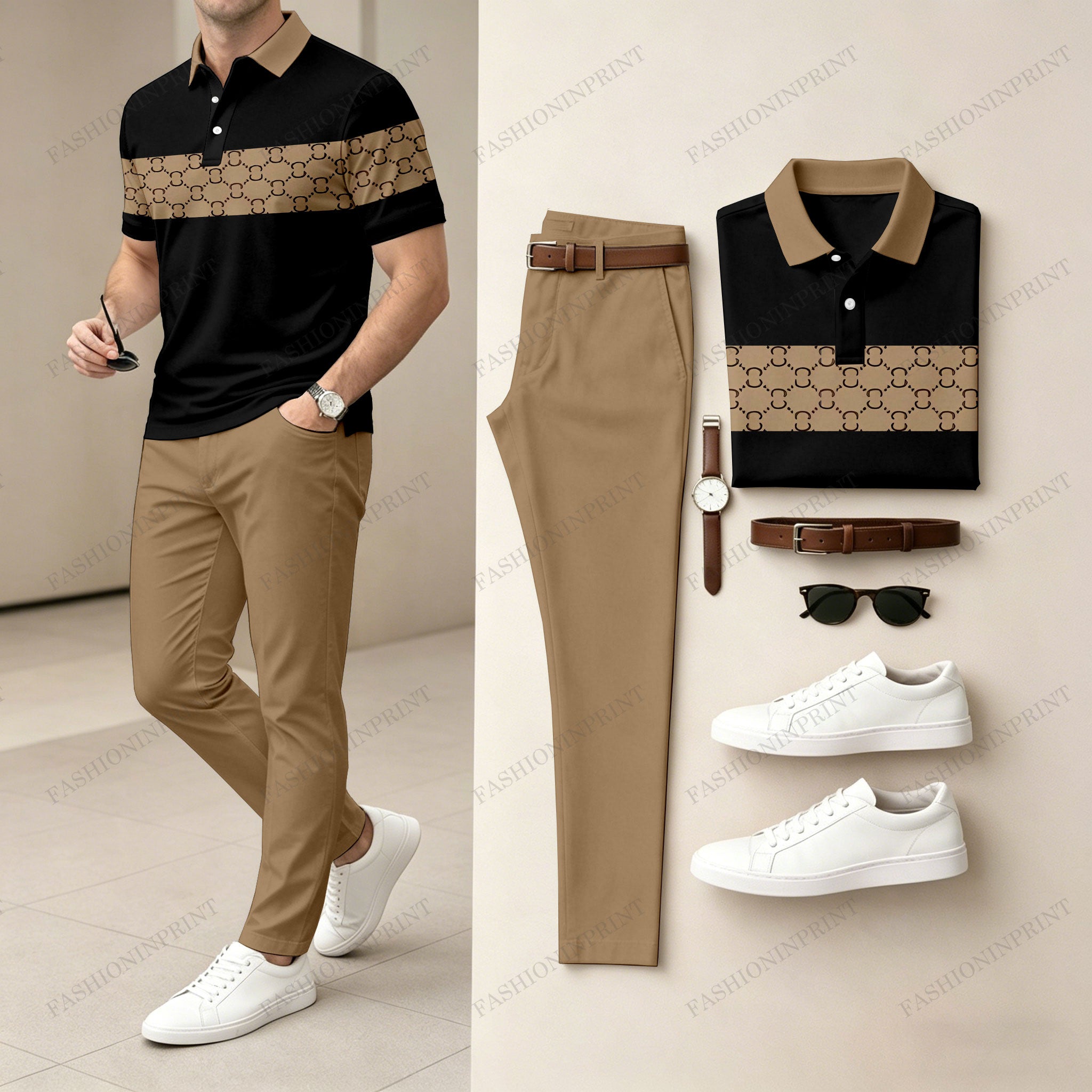 Men's Casual Black & Brown Plaid Printed Polo Shirt And Pants Two-Piece Set 204499