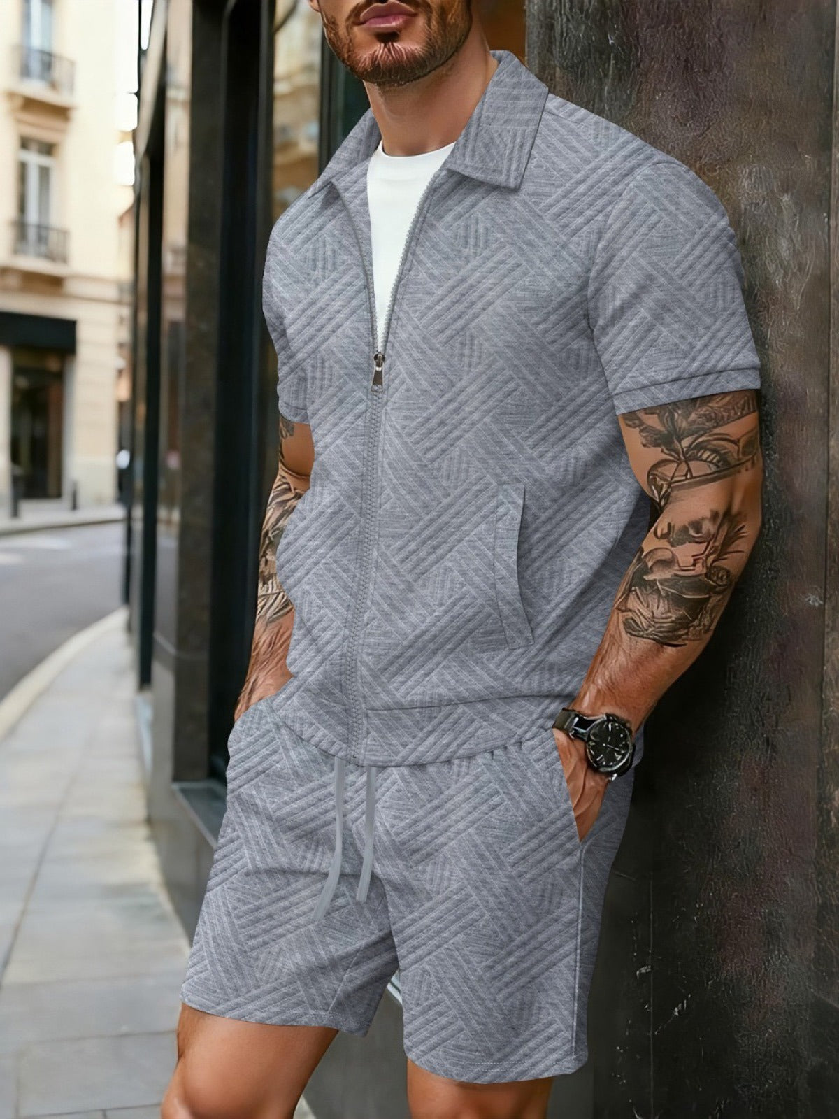 Men's Zip Collar Polo Shirt and Shorts Summer Two-Piece Set product image