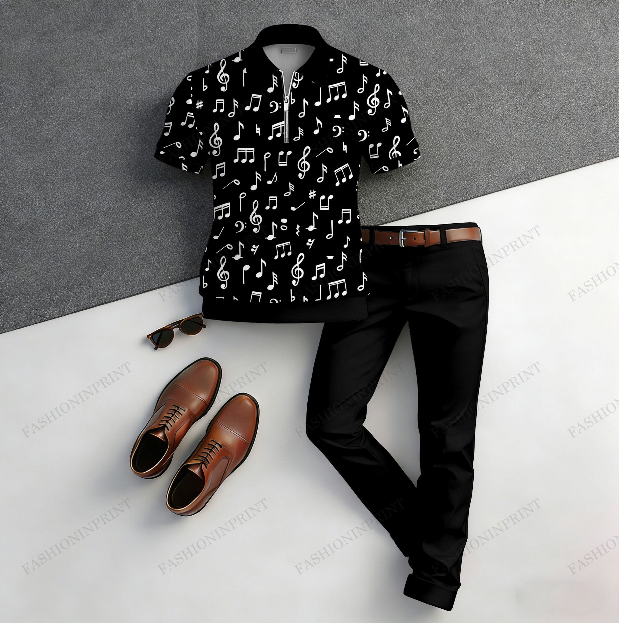 Men's Casual Color Matching Musical Note Printed Short Sleeved Polo Shirt & Trousers Two-Piece Set