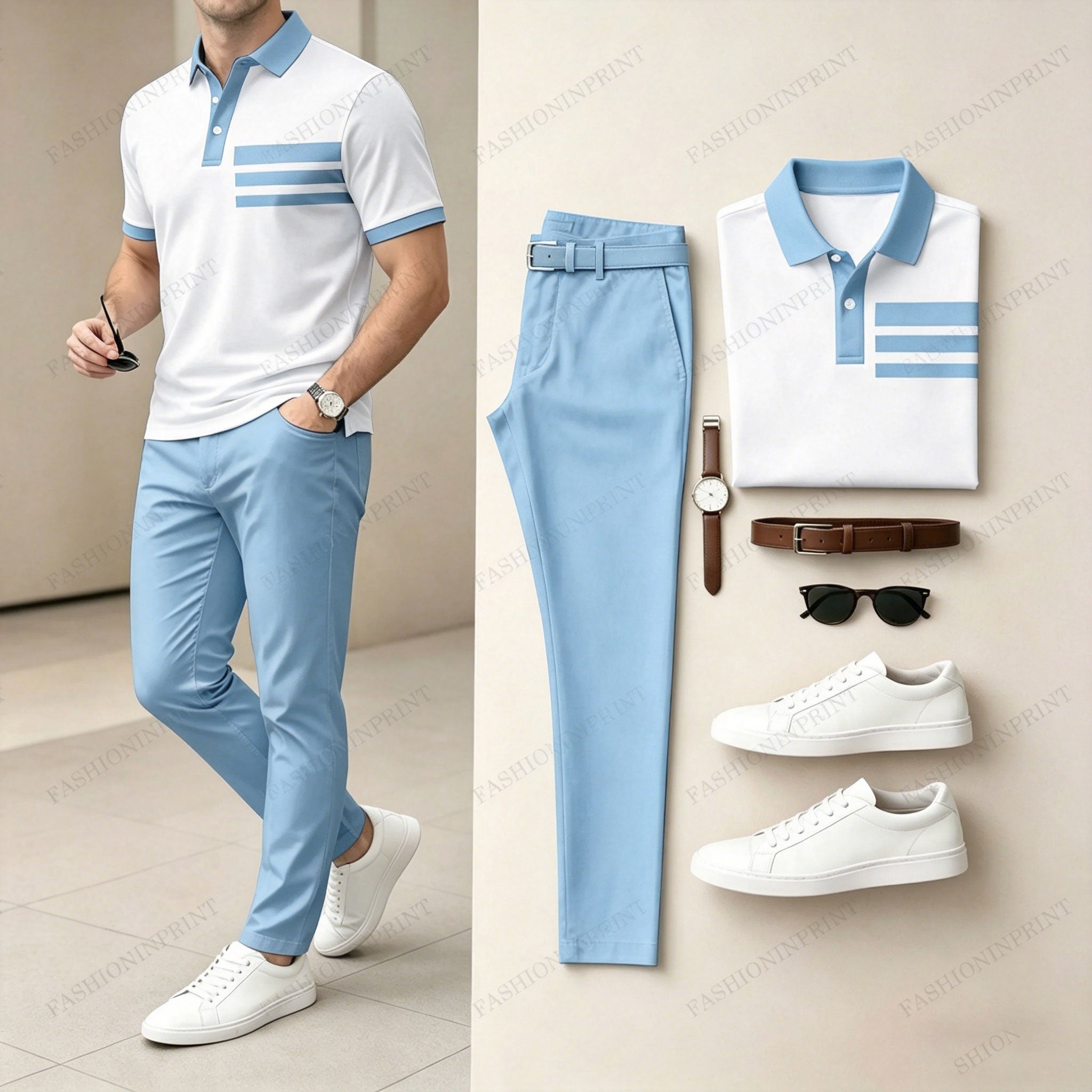 Men's Casual White Geometry Printed Polo Shirt And Pants Two-Piece Set