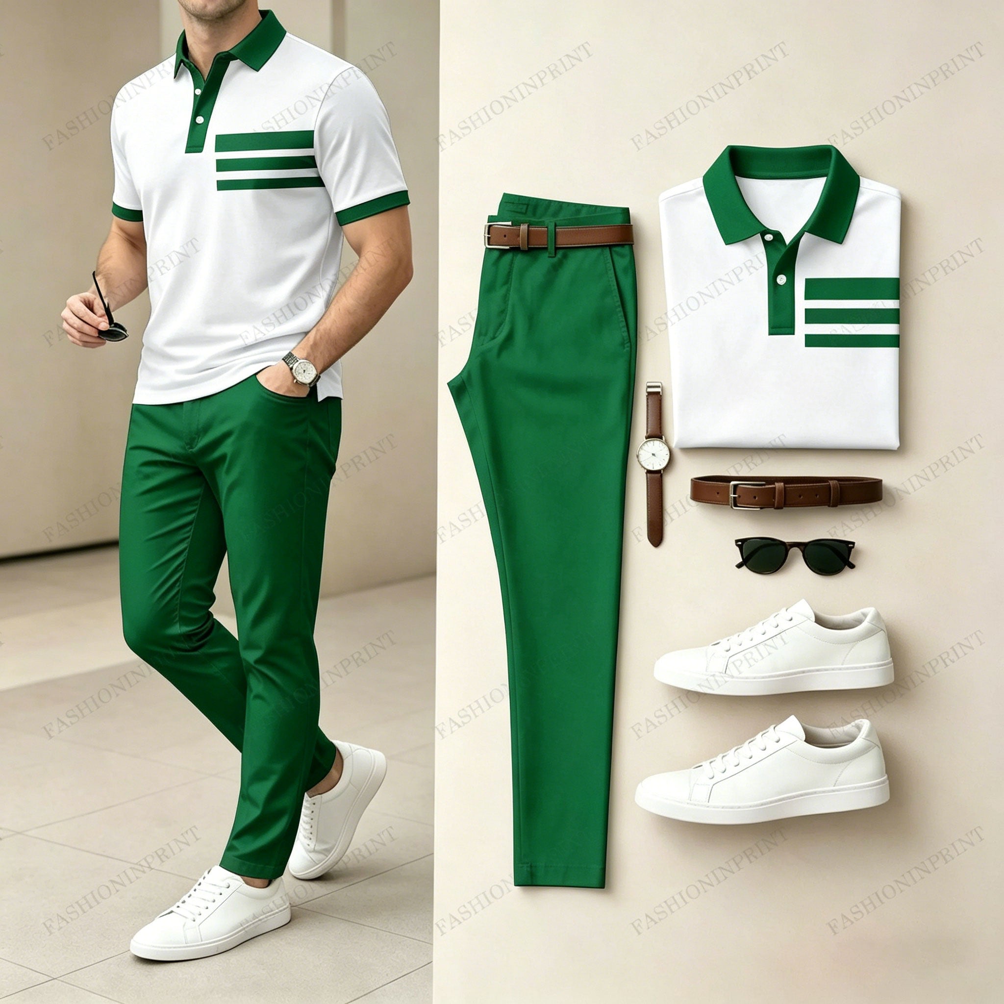 Men's Casual White Geometry Printed Polo Shirt And Pants Two-Piece Set