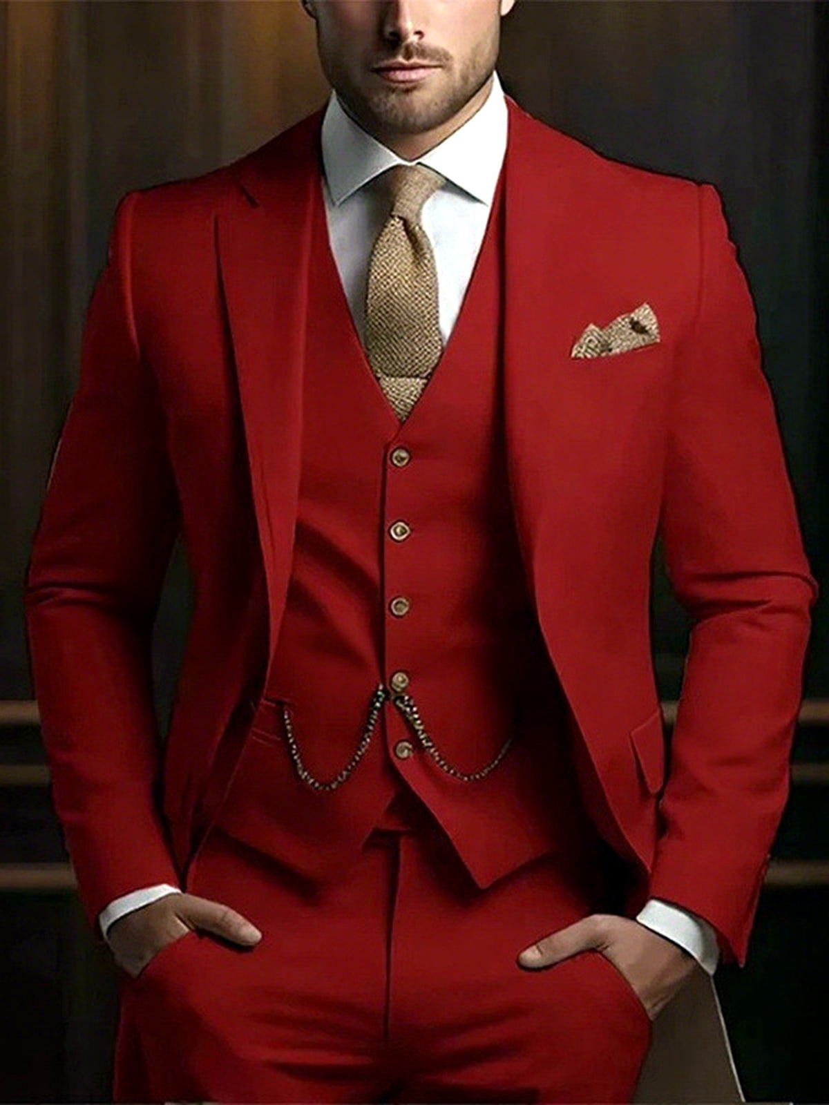 Men's Jacquard Blazer Suit Jacket One Button Party Banquet Formal Outfit in Red - product view