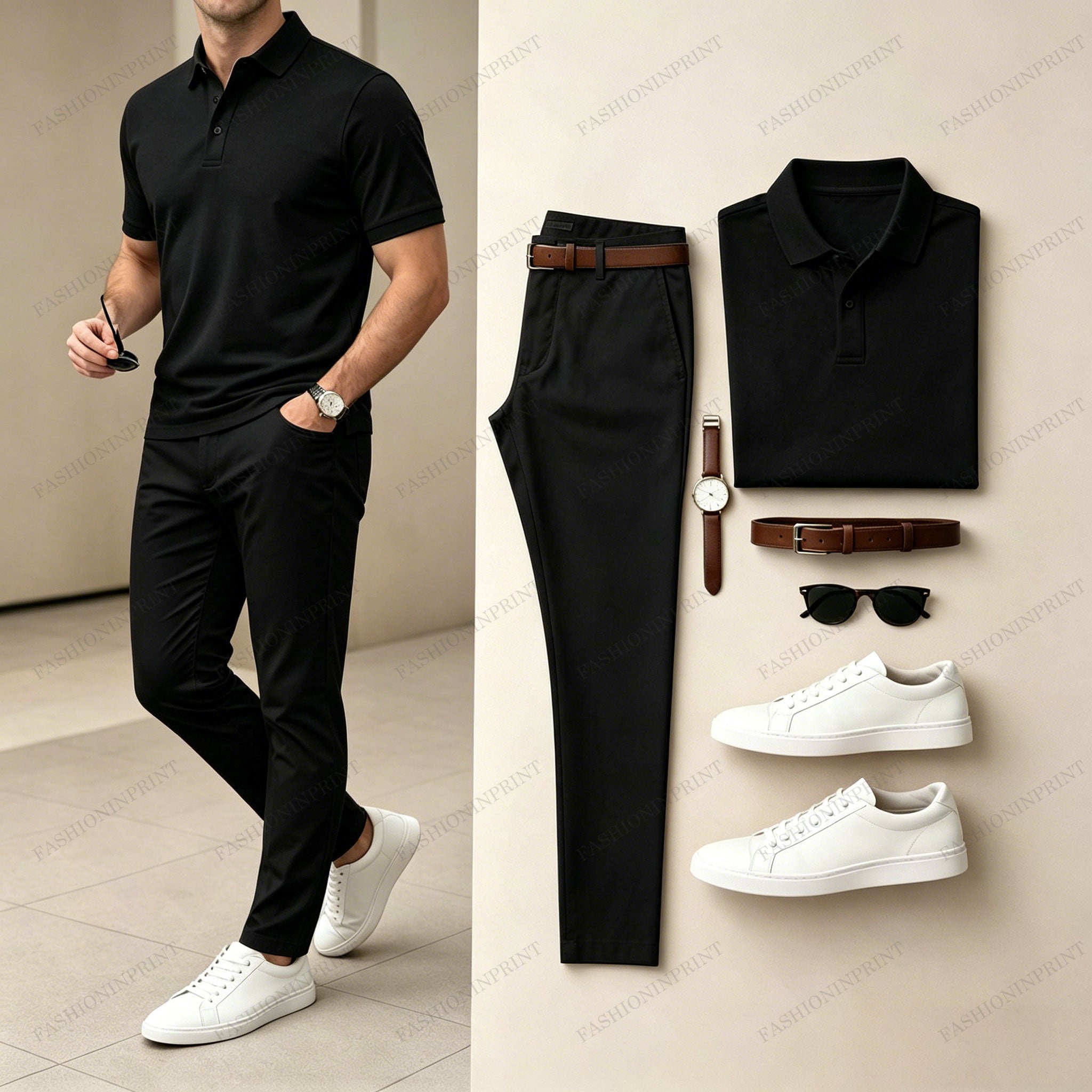Men's Casual Printed Polo Shirt And Pants Two-Piece Set