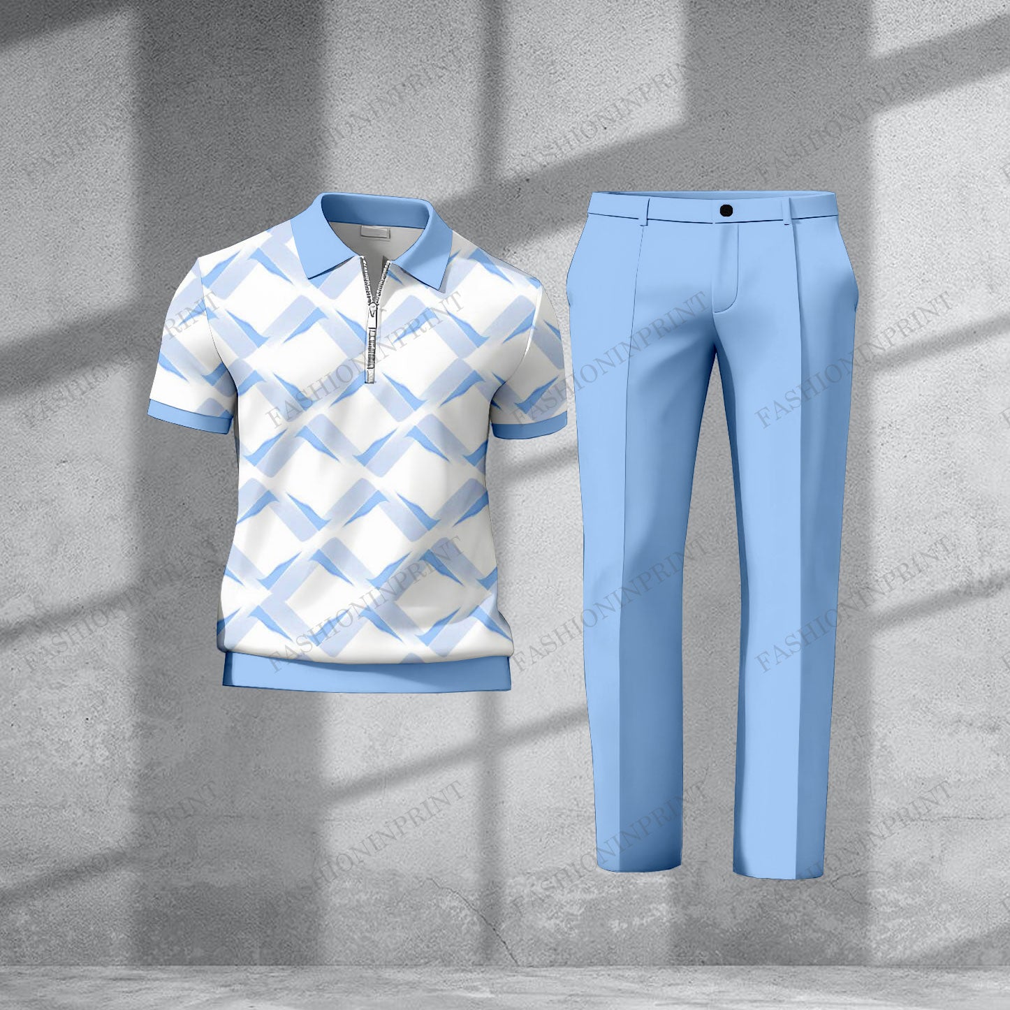 Men's Casual Blue & White Color Matching Geometric Printed Short Sleeved Zipper Polo Shirt & Trousers Two-Piece Set