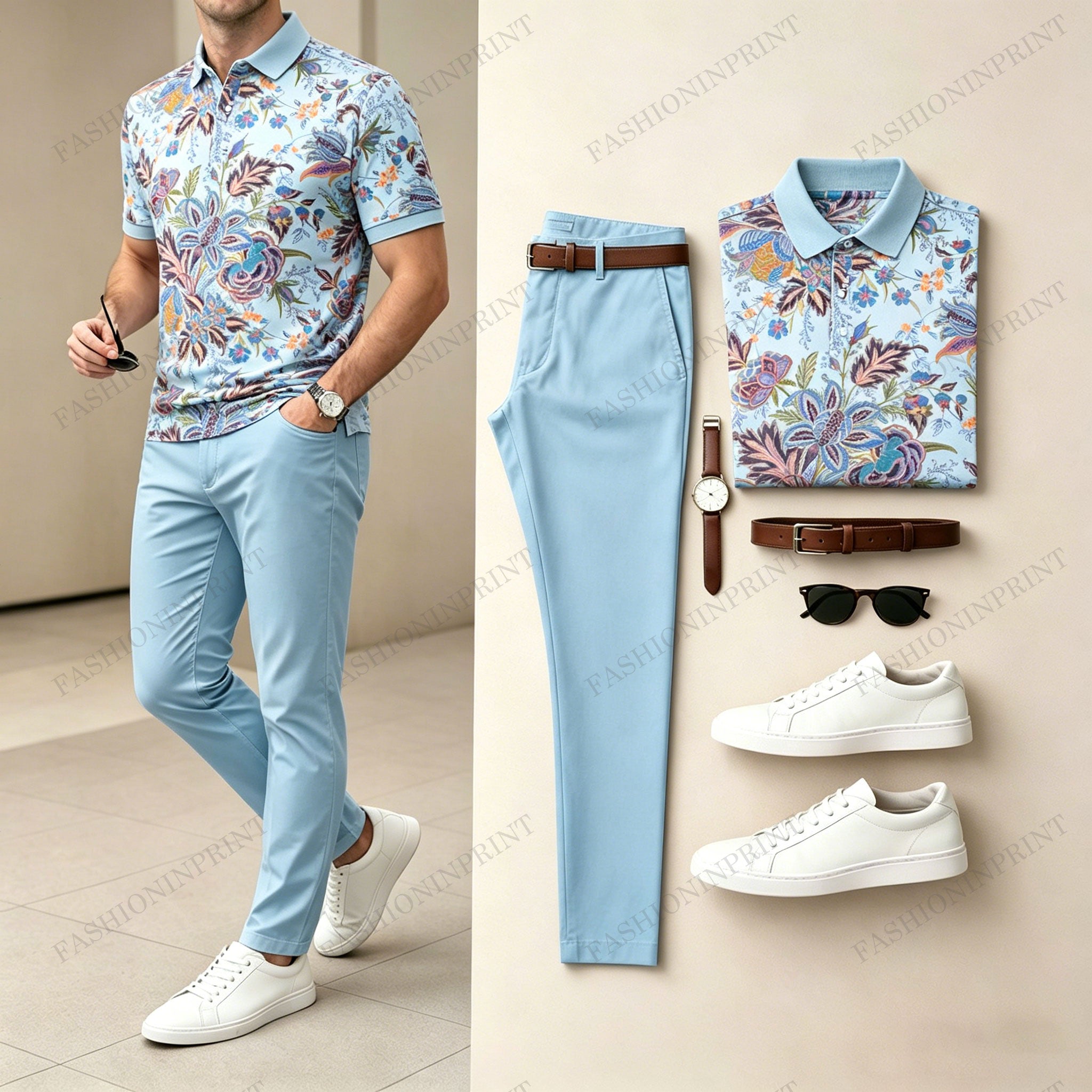 Men's Light And Mature Style, Simple Color Matching Short Sleeved Polo Shirt & Pants Two-Piece Set