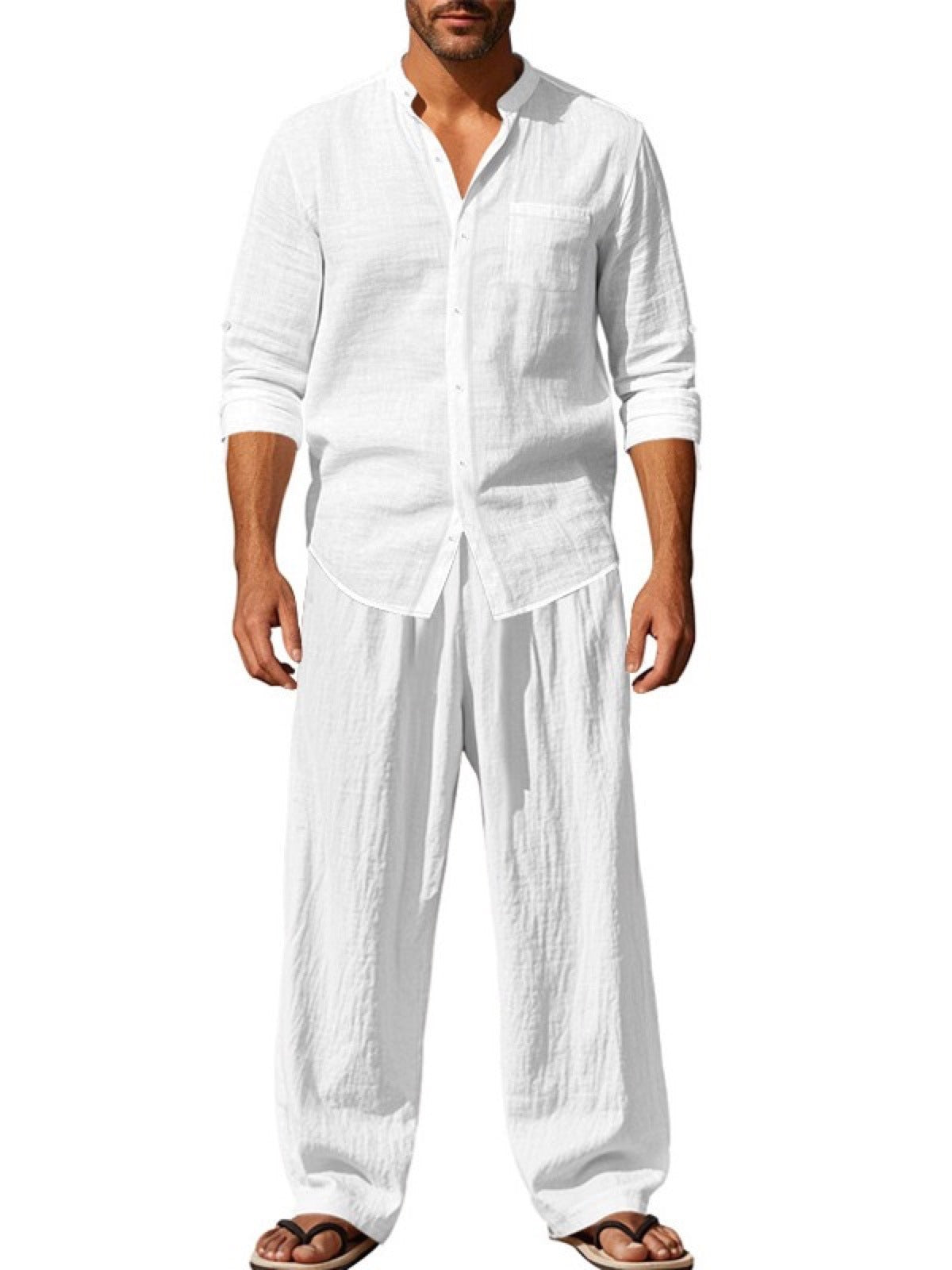 Men's Linen Blend Summer Shirt and Pants Set Lightweight Casual Beach Outfit product image
