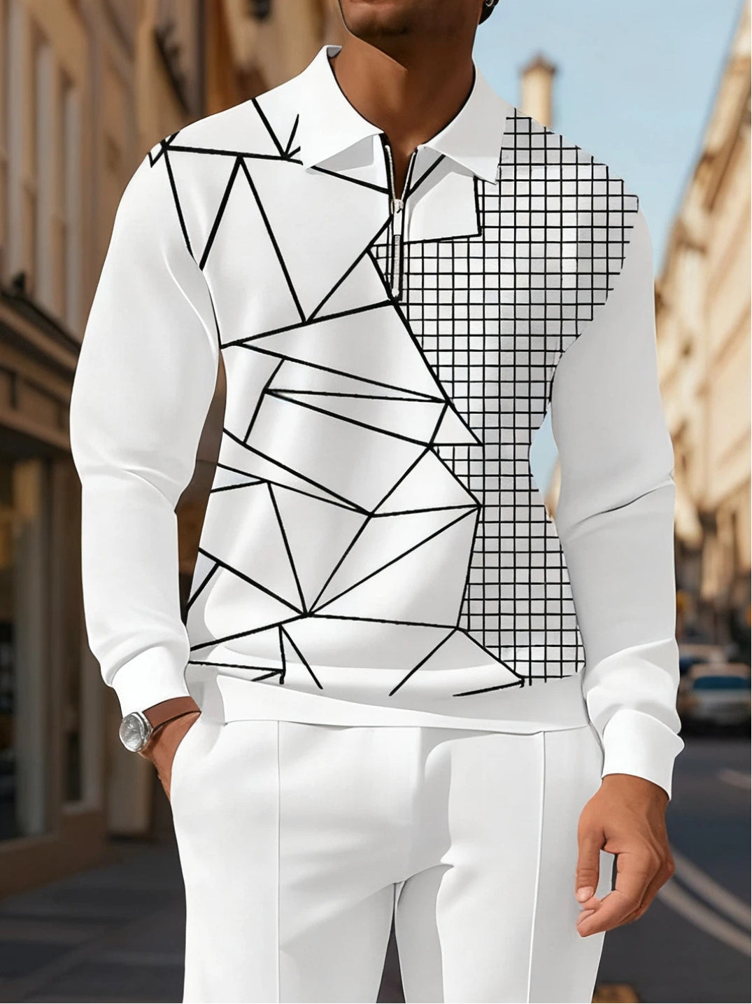 Men's Casual Colorblock Personalized Long Sleeve Polo Shirt Set 003