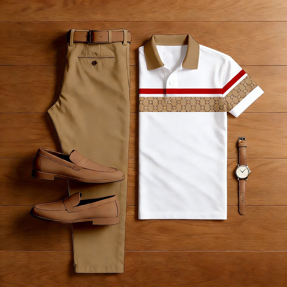 Men's Casual White Color Matching Striped Short Sleeved Polo Shirt & Khaki Trousers Two-Piece Set Polo Shirt Set