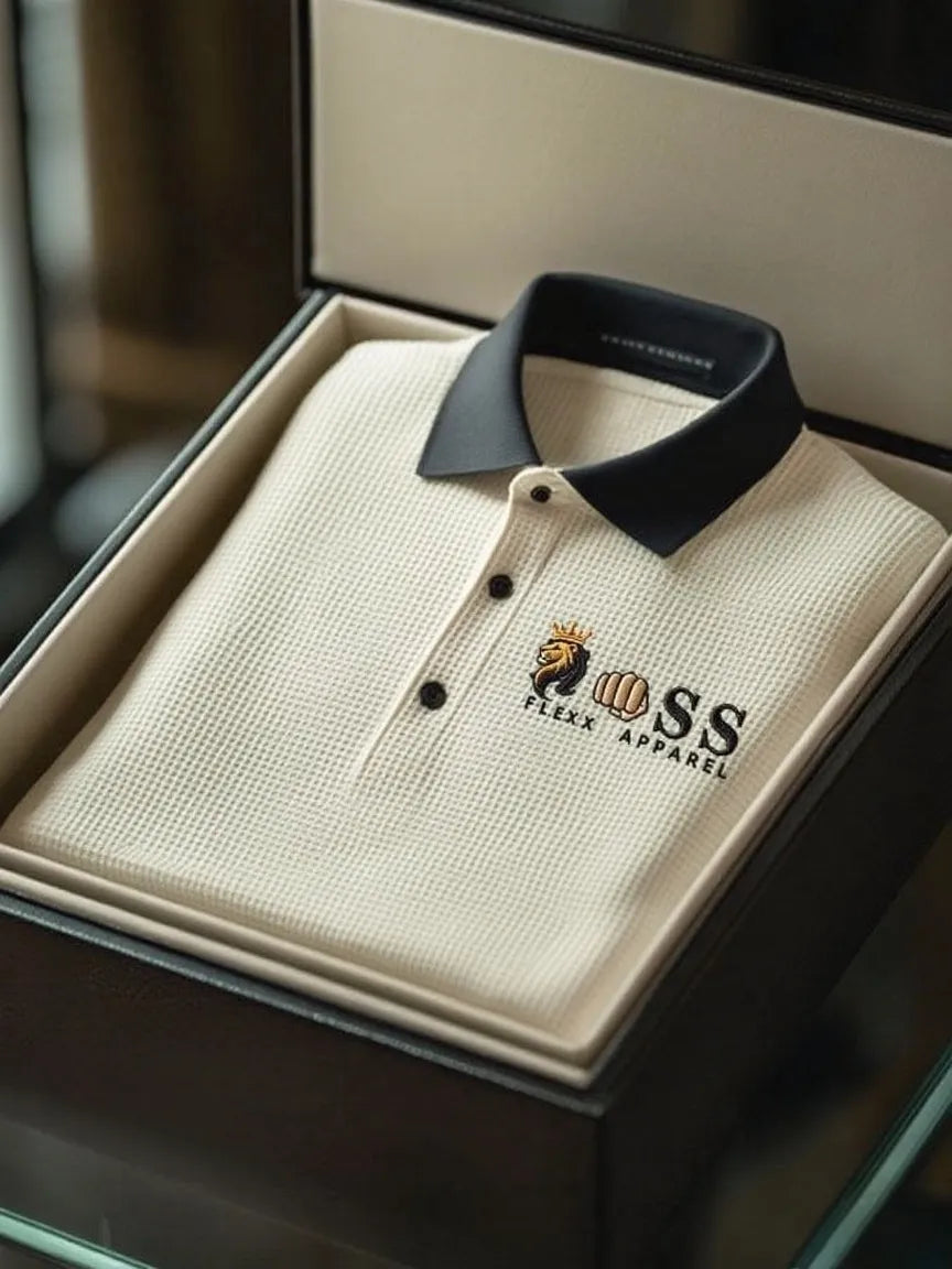 Men's Fashion Business Style Letter Printed Waffle Casual Short Sleeve POLO Shirt