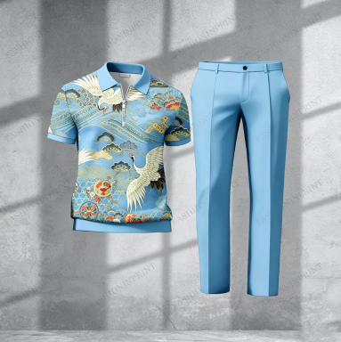 Men's Casual Royal Green Crane Short-Sleeved Half-Zip Polo Shirt And Royal Green Trousers Two-Piece Set 203720