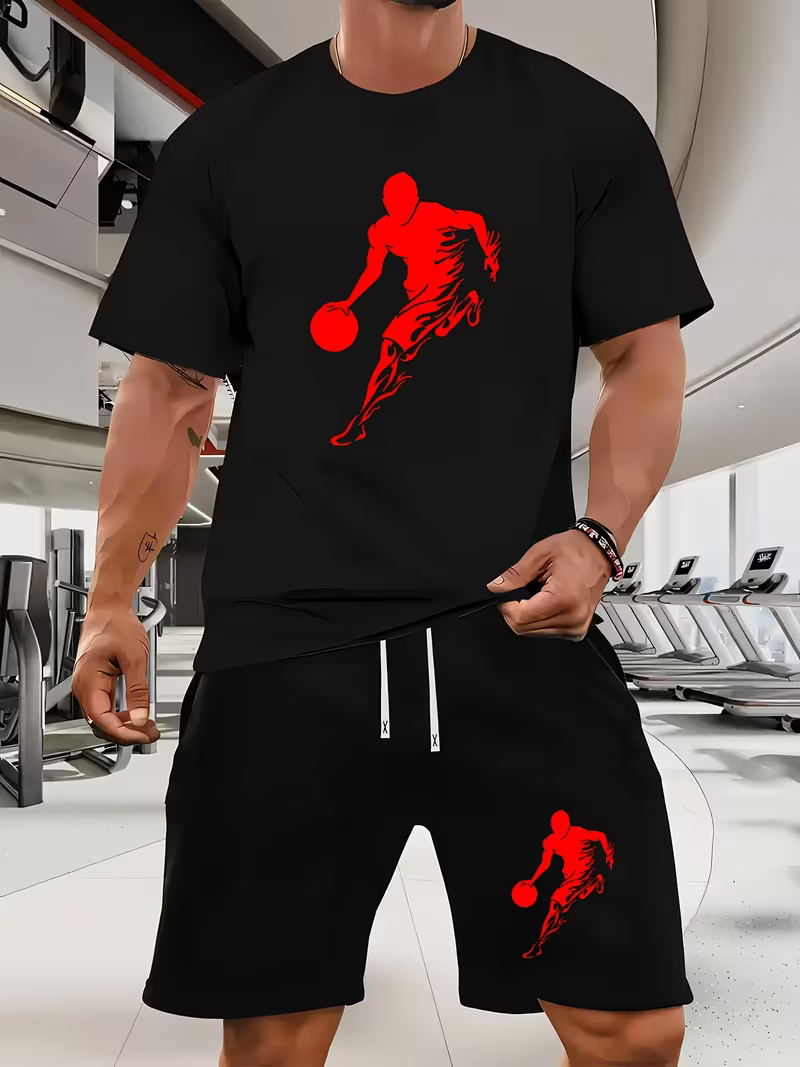 Men's Casual Athletes Playing Ball Crew Neck Short-Sleeved Shirt And Shorts Two-Piece Set