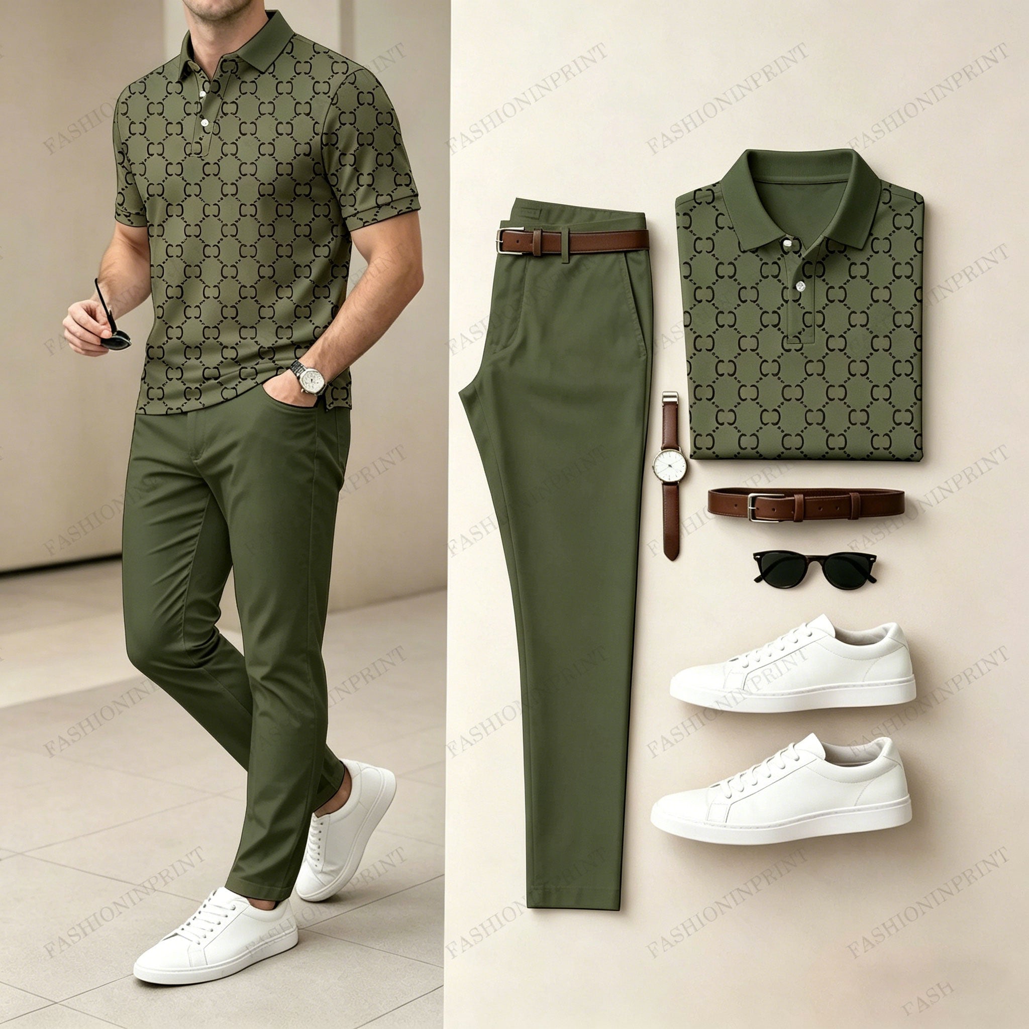 Men's Casual Brown Plaid Printed Polo Shirt And Pants Two-Piece Set 205063