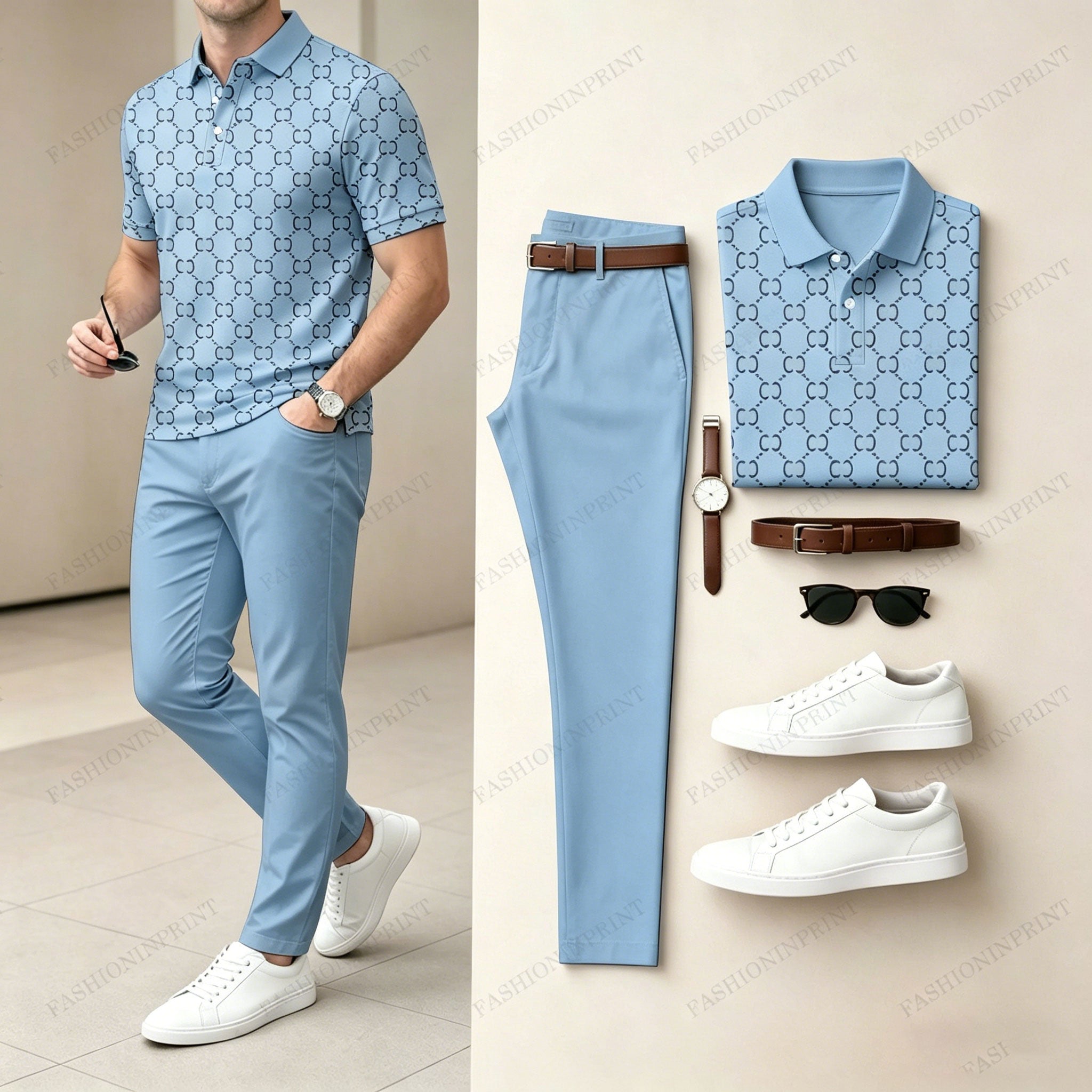 Men's Casual Brown Plaid Printed Polo Shirt And Pants Two-Piece Set 205063