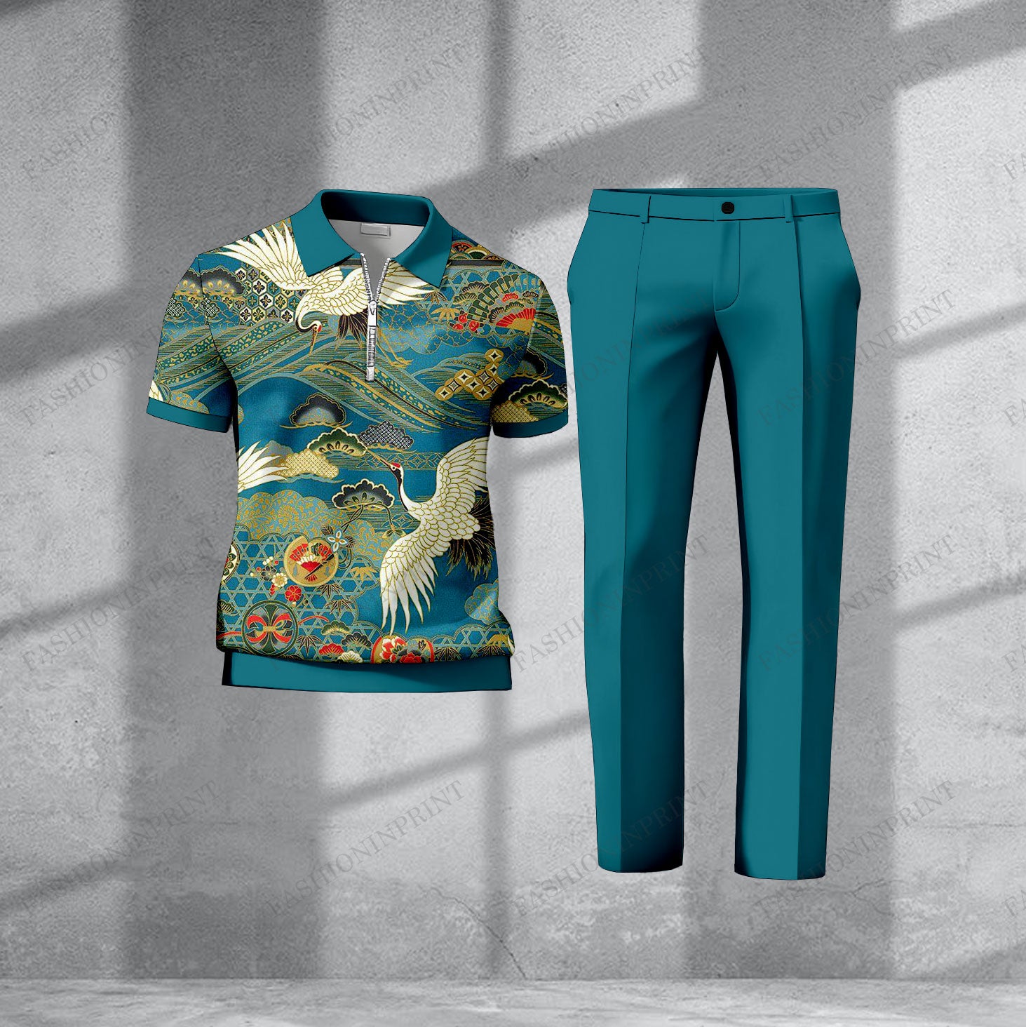 Men's Casual Royal Green Crane Short-Sleeved Half-Zip Polo Shirt And Royal Green Trousers Two-Piece Set
