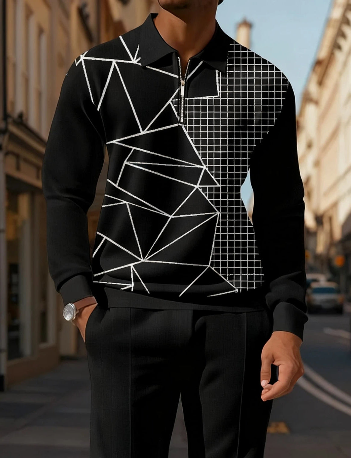 Men's Casual Colorblock Personalized Long Sleeve Polo Shirt Set 003