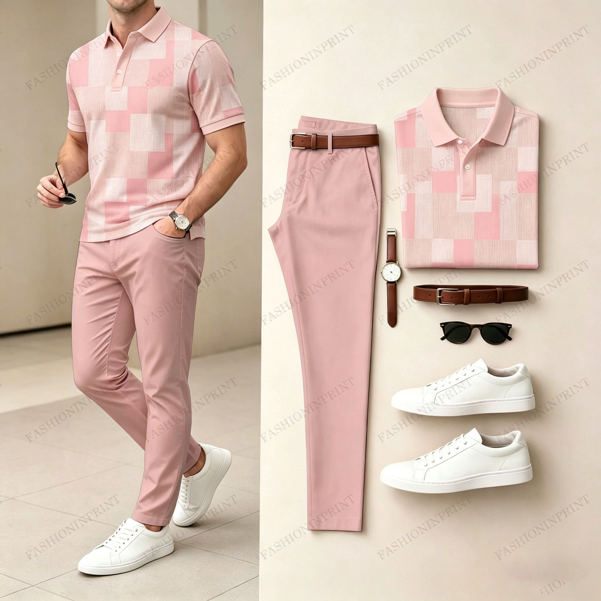Men's Casual Color-Blocked Plaid Printed Polo Shirt And Pants Two-Piece Set