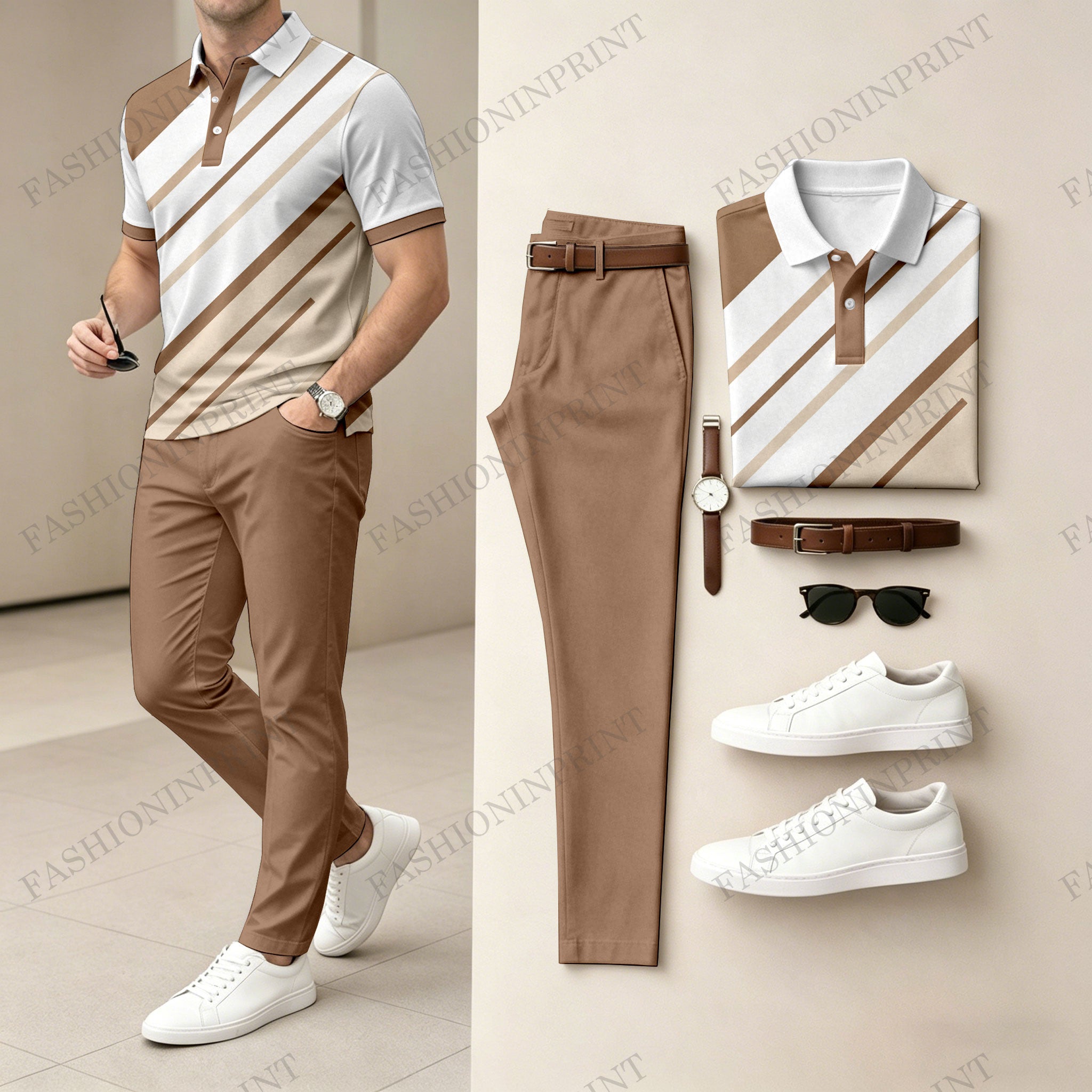 Men's Casual Black & White Twill Printed Polo Shirt And Pants Two-Piece Set
