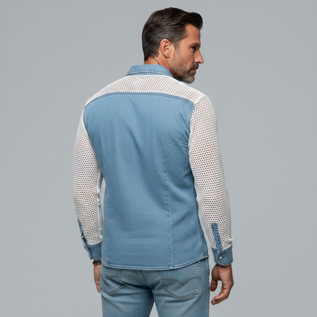 Men's Stylish Plain Denim Patchwork Mesh Hollow Out Chest Pocket Shirt
