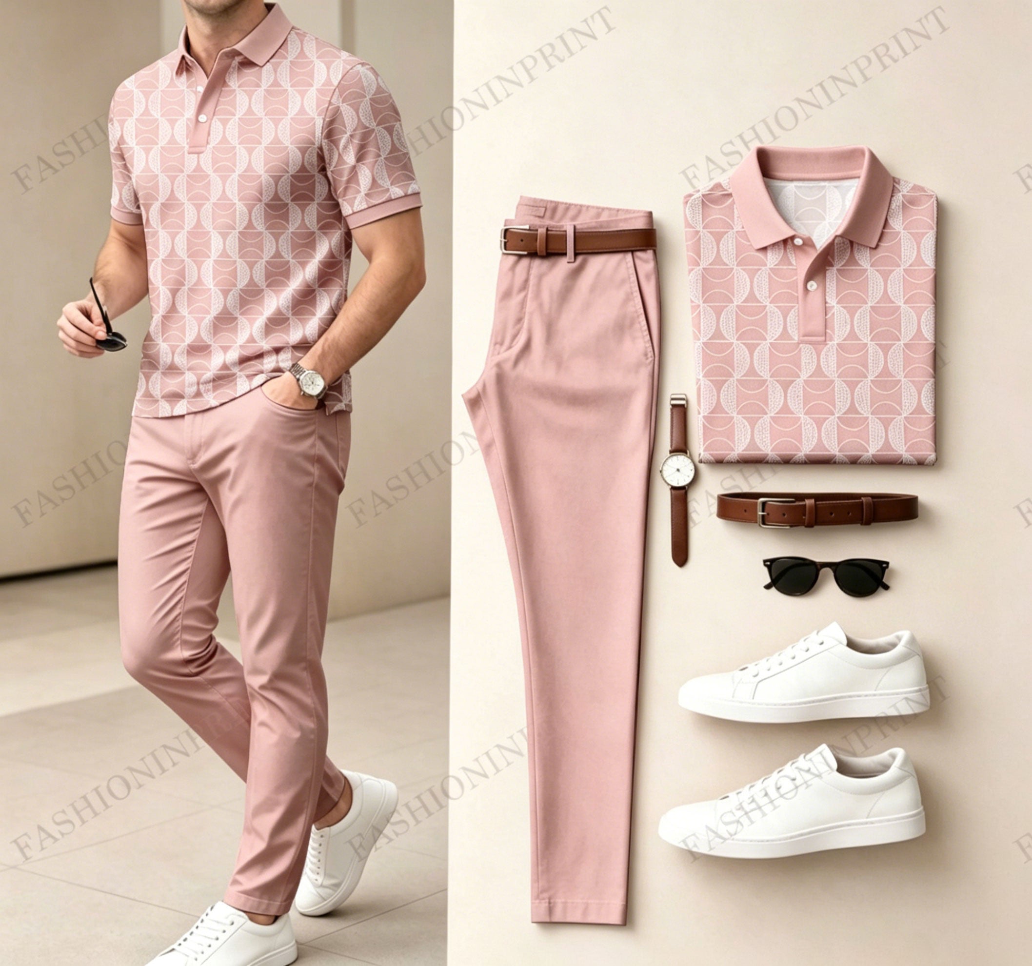 Men's Casual Dark Green Plaid Printed Polo Shirt And Pants Two-Piece Set